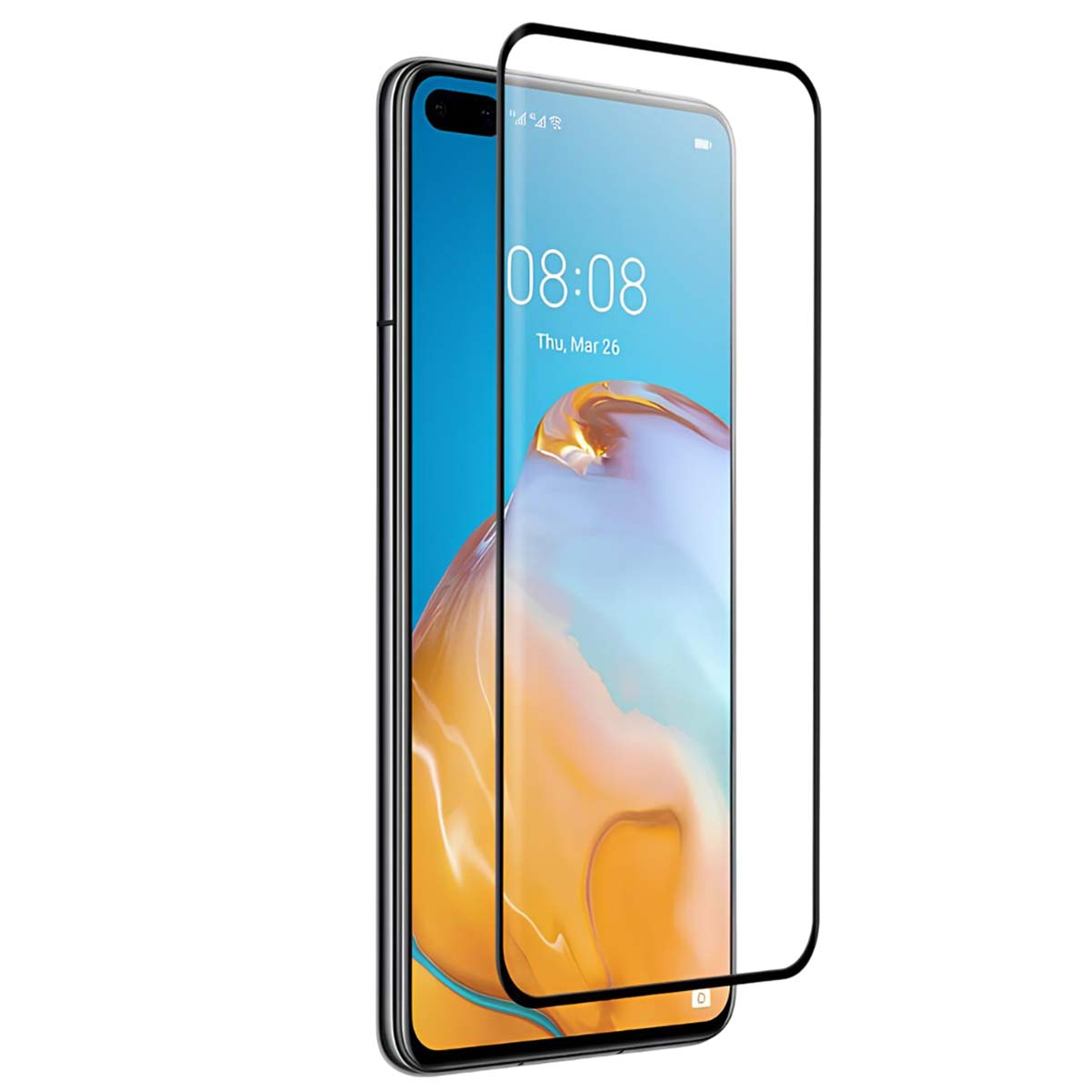Un smartphone avec un protecteur d'écran. L'écran affiche 08:08, jeu. 26 mars. Le téléphone est noir et a un écran incurvé.