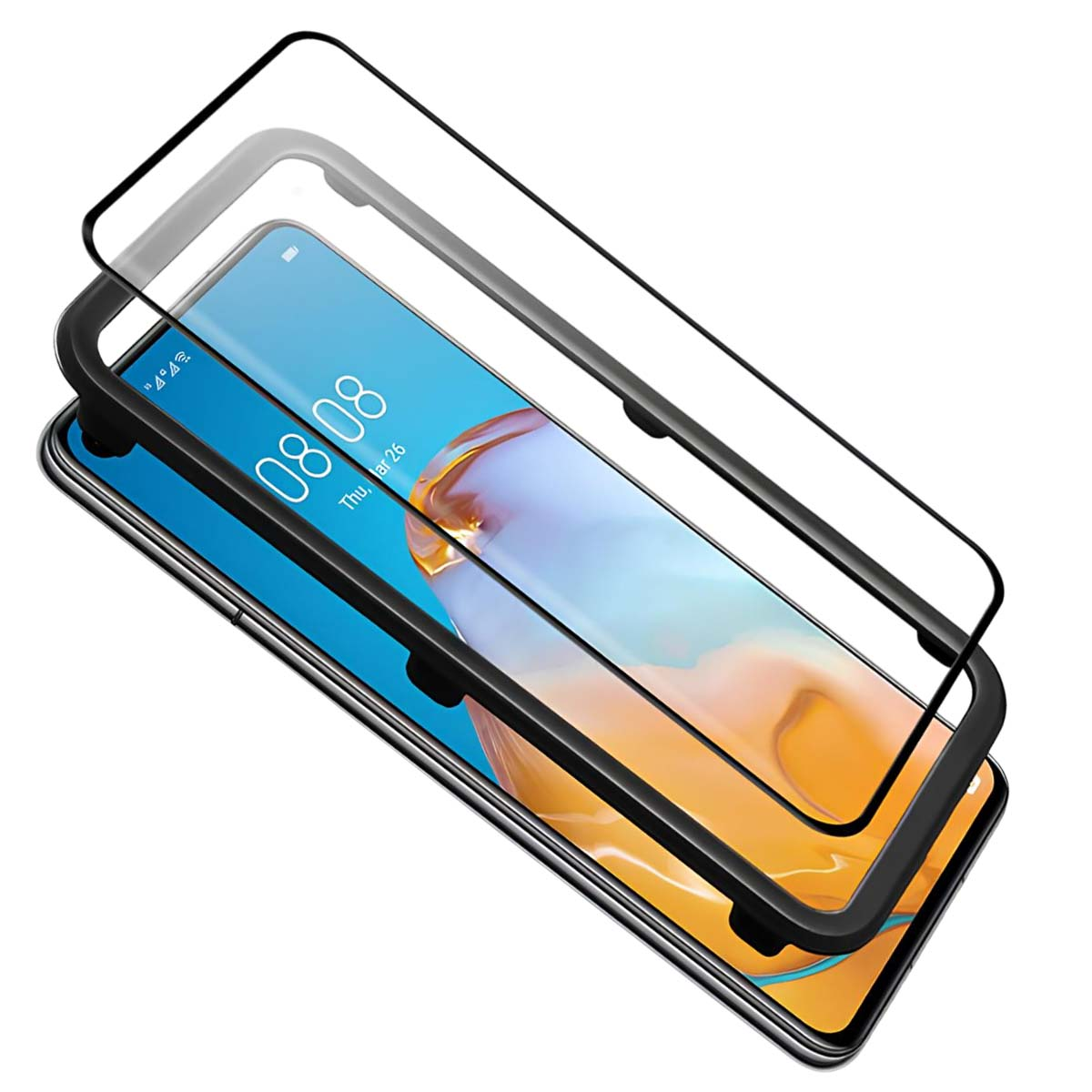 Un smartphone avec un protecteur d'écran. Le téléphone affiche l'heure. Le protecteur et le cadre sont noirs. Le fond est blanc.