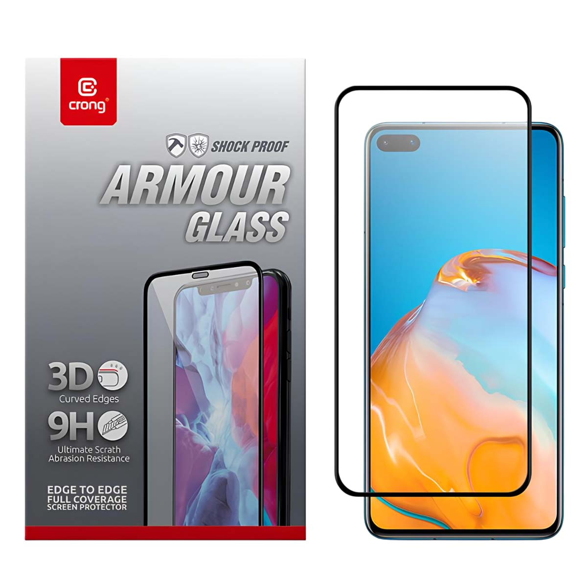 Emballage de protection d'écran avec image de téléphone et téléphone avec protecteur. Texte: Armour Glass, 3D Curved Edges, Shock Proof.