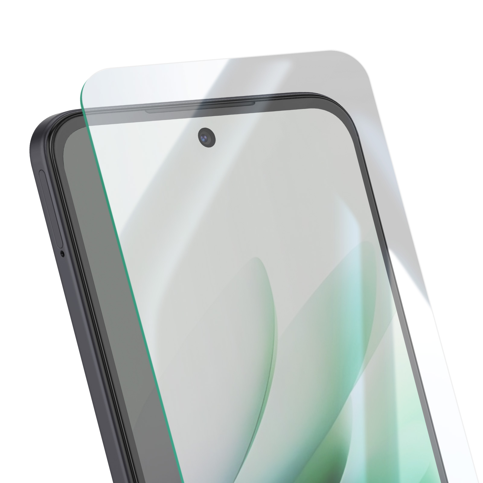 Uno smartphone con protezione schermo applicata. Il telefono è nero e ha una fotocamera frontale.