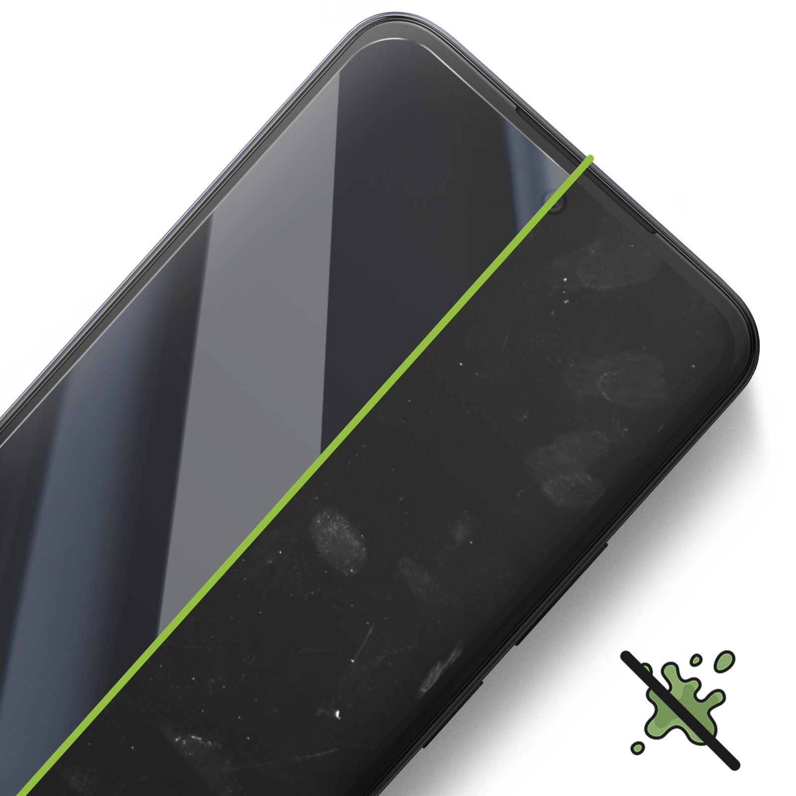 Schermo dello smartphone con impronte digitali. Una linea verde divide lo schermo pulito e sporco. Icona antimacchia.