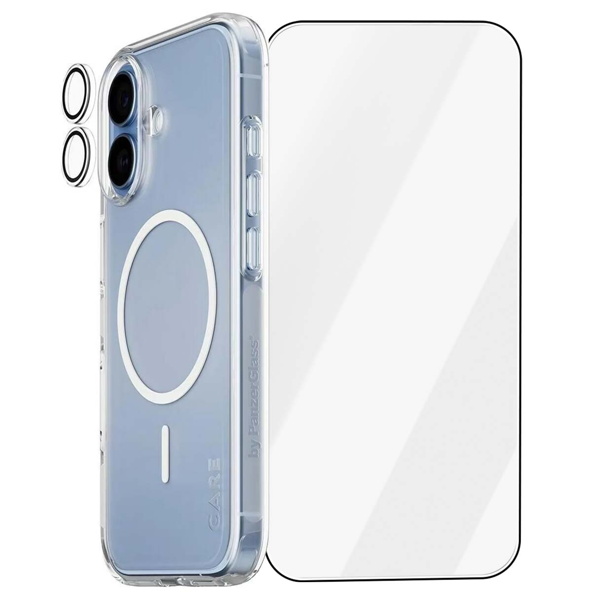 Şeffaf telefon kılıfı ve ekran koruyucu. Kılıfın mavi bir arka kısmı, beyaz bir daire ve bir çizgi vardır. Ekran koruyucu şeffaftır.