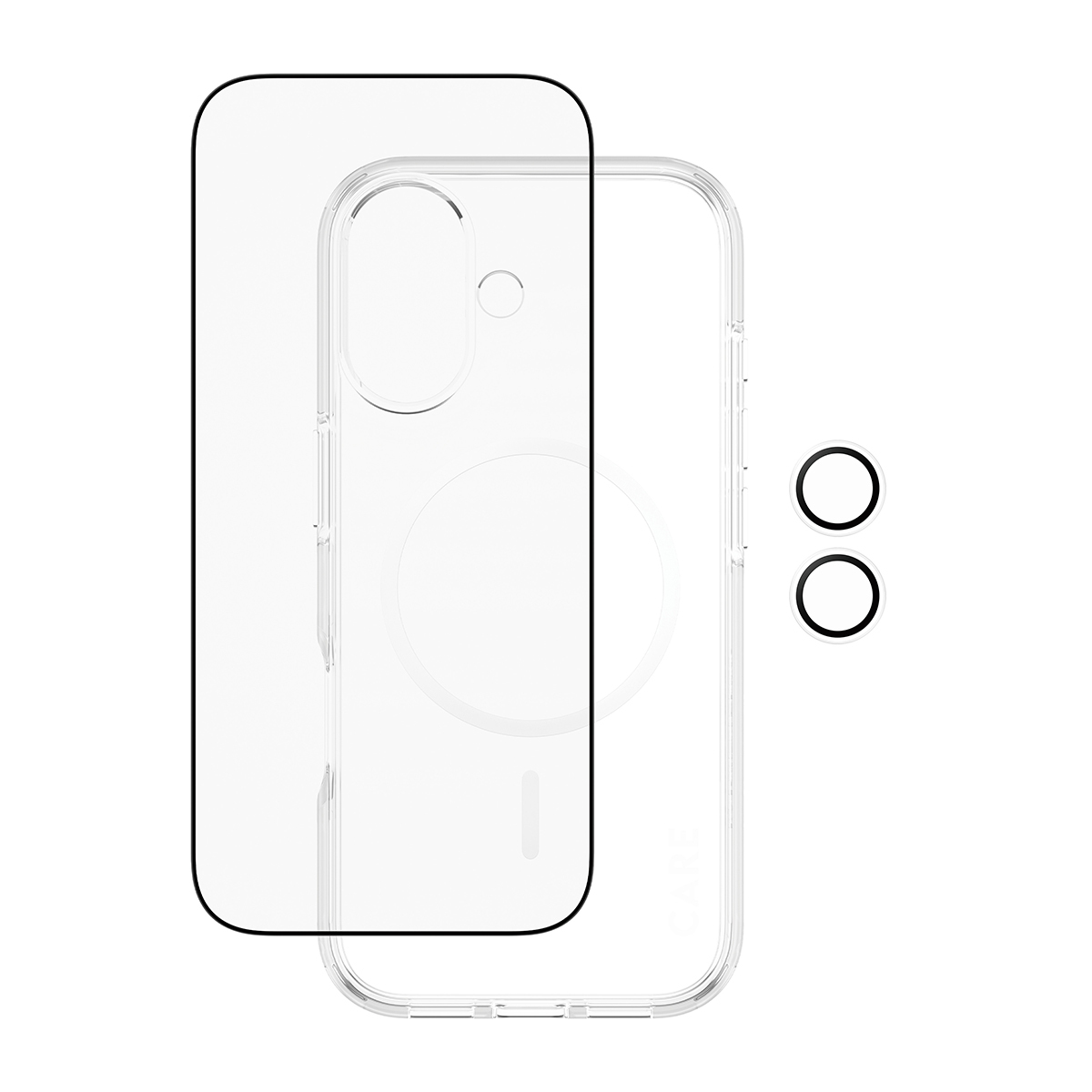 Beyaz bir arka plan üzerinde, ekran koruyuculu şeffaf bir telefon kılıfı ve iki siyah kamera koruyucu.