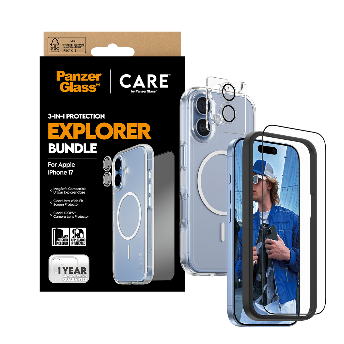 iPhone 17 için PanzerGlass Explorer Bundle'ı gösteren ürün kutusu. Telefon kılıfı, ekran koruyucu ve kamera lens koruyucu içerir.