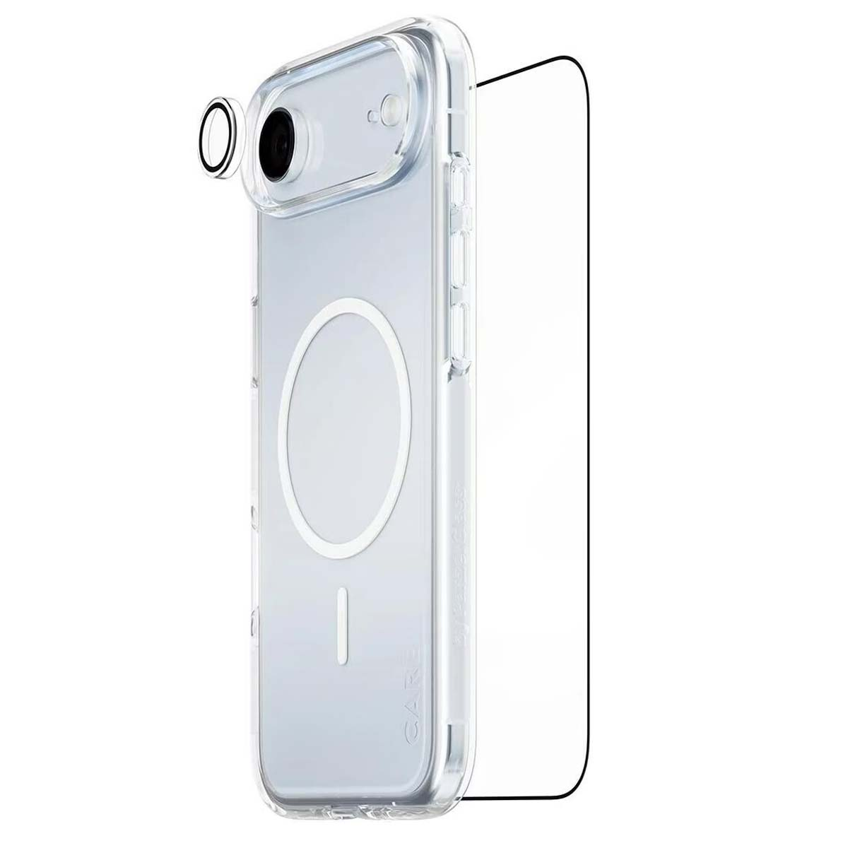 Custodia trasparente con protezione lente. La custodia ha un anello MagSafe ed è su sfondo bianco. Proteggi schermo visibile.