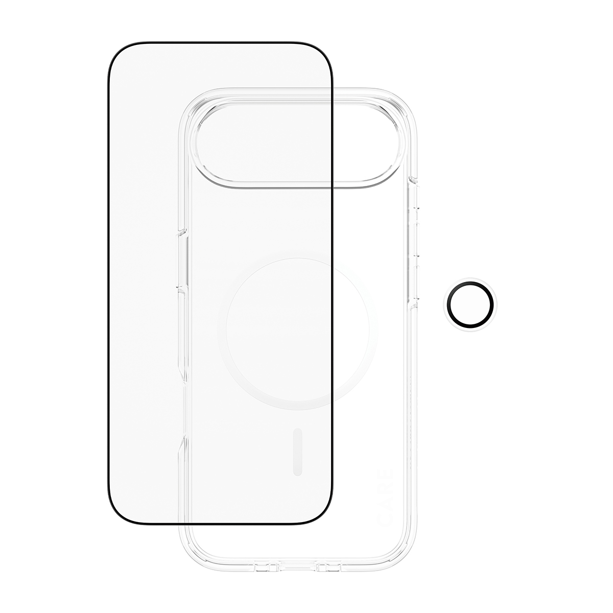 Custodia trasparente per telefono con protezione schermo e protezione obiettivo fotocamera su sfondo bianco. La custodia ha un cerchio MagSafe.