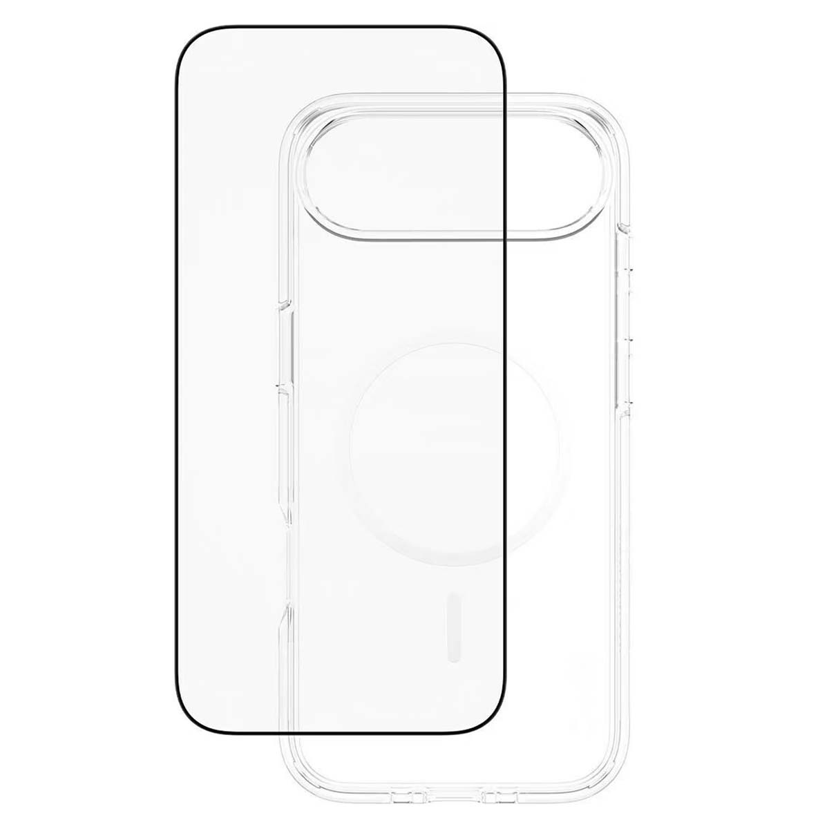 Una custodia per telefono trasparente e una protezione per lo schermo. La custodia ha un contorno circolare sul retro. Entrambi sono trasparenti.