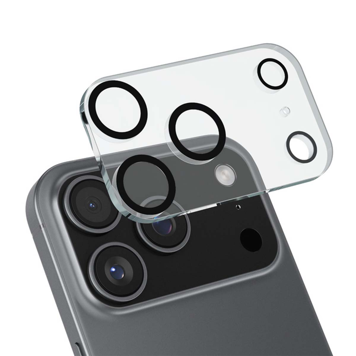 Un telefono con una cover protettiva. La cover ha diversi cerchi neri e il telefono ha lenti nere. Sfondo grigio.
