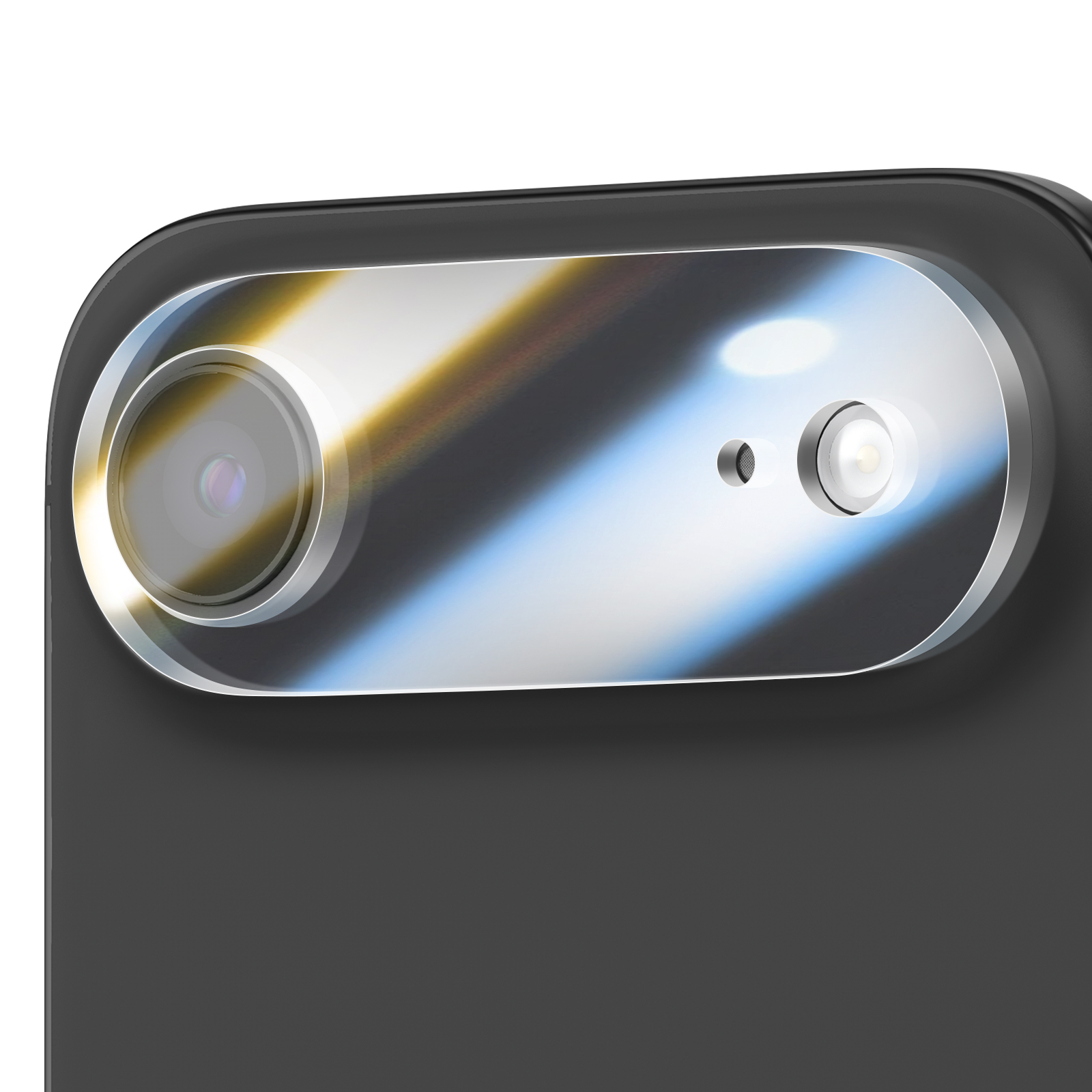 Close-up van een cameramodule van een smartphone. Het heeft twee lenzen, een flitser en een donkergrijze behuizing.