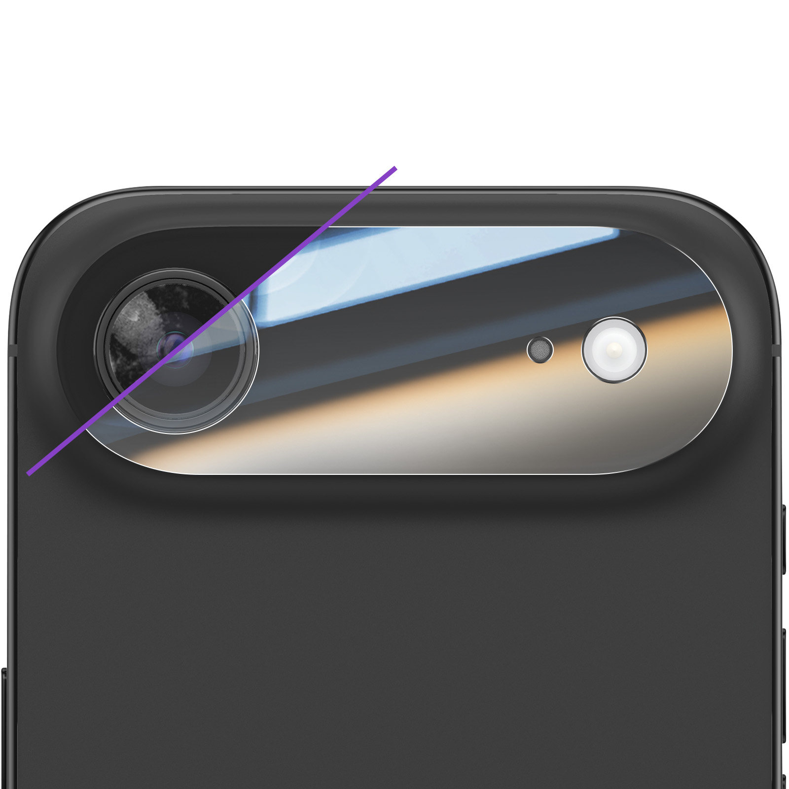 Close-up van een zwarte smartphone met cameralenzen en een paarse lijn over het scherm.