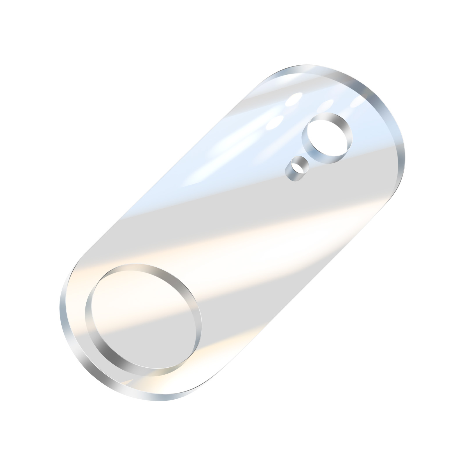 Een helder, gebogen glazen object met drie gaten. Het staat op een witte achtergrond, die licht reflecteert.