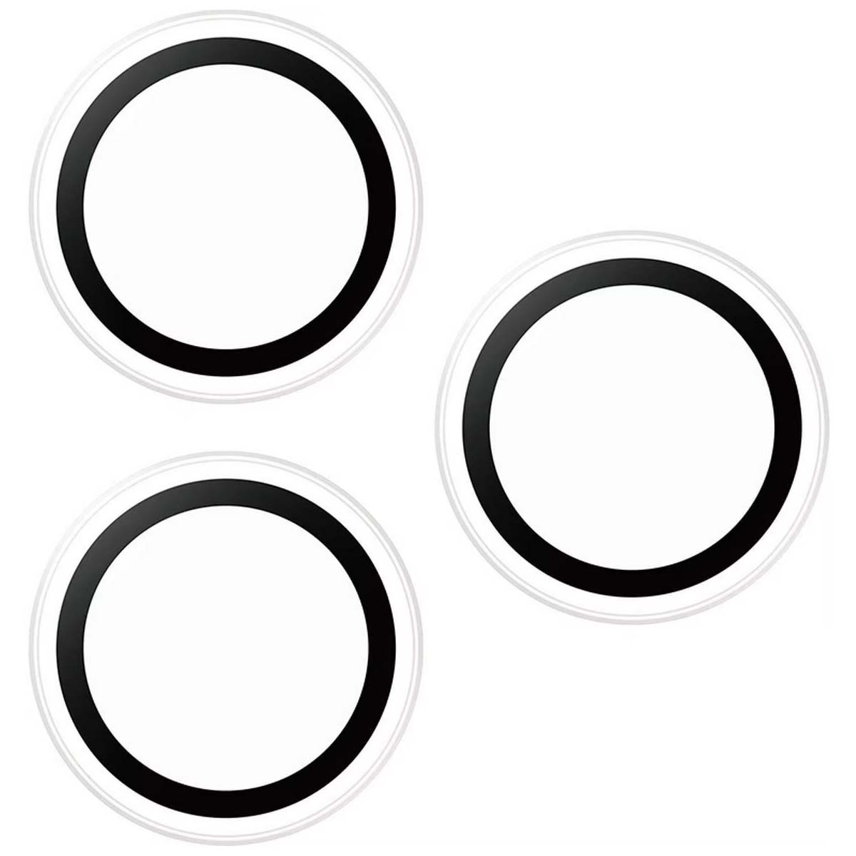 Trois cercles blancs avec des contours et des centres noirs sur fond blanc. Les cercles sont disposés en triangle.