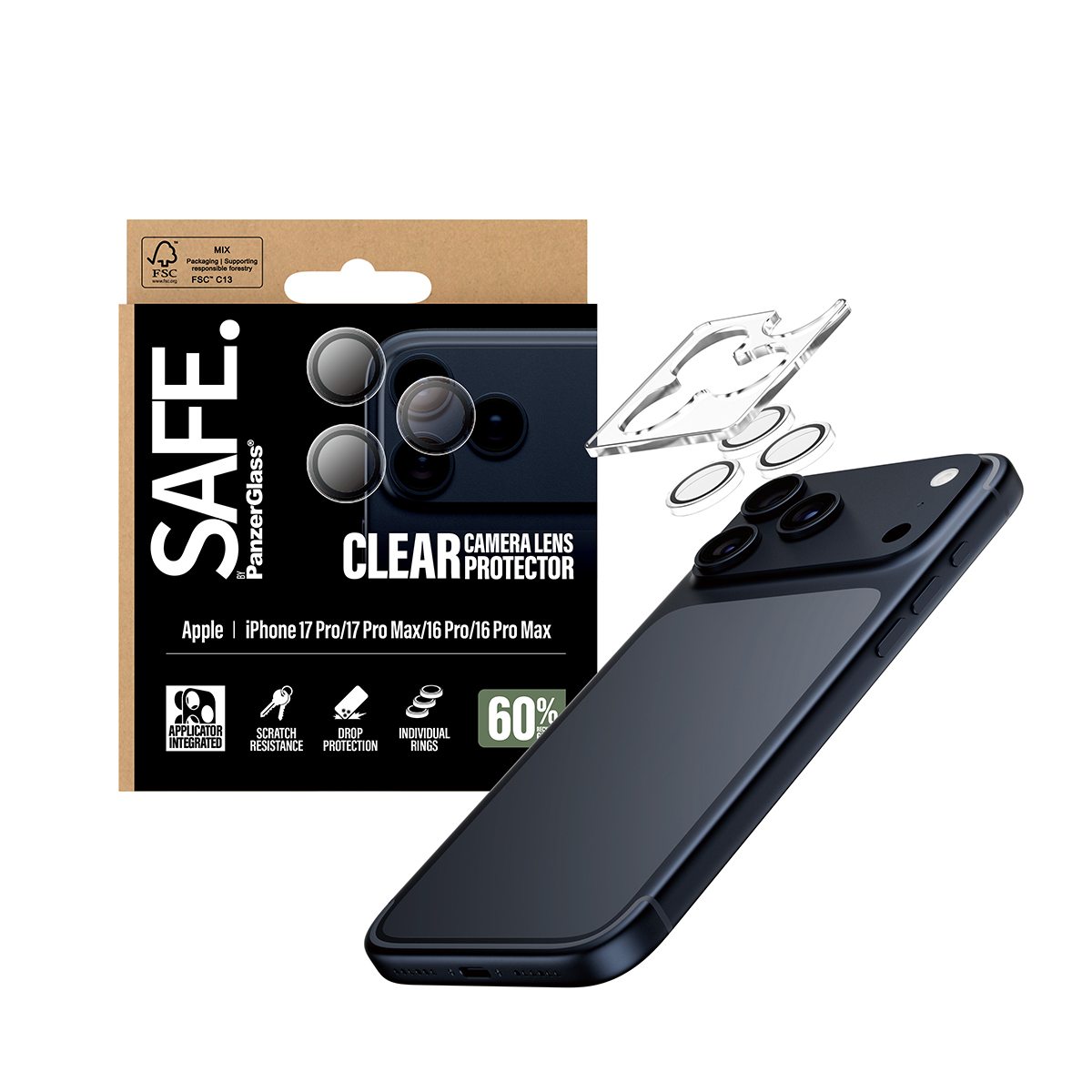 Un téléphone et un protecteur d'objectif d'appareil photo sont affichés. La boîte de protection est en arrière-plan, le téléphone et l'objectif au premier plan.