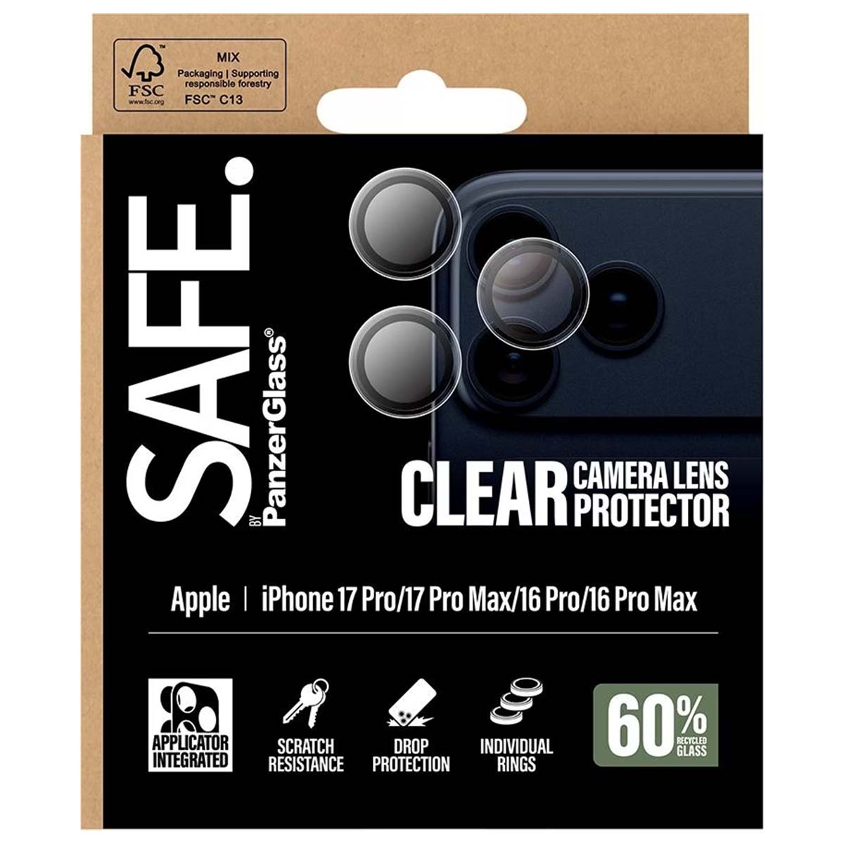 Un emballage de protection d'objectif de caméra de téléphone. Il porte la marque SAFE et PanzerGlass. L'emballage contient des protections d'objectif transparentes.