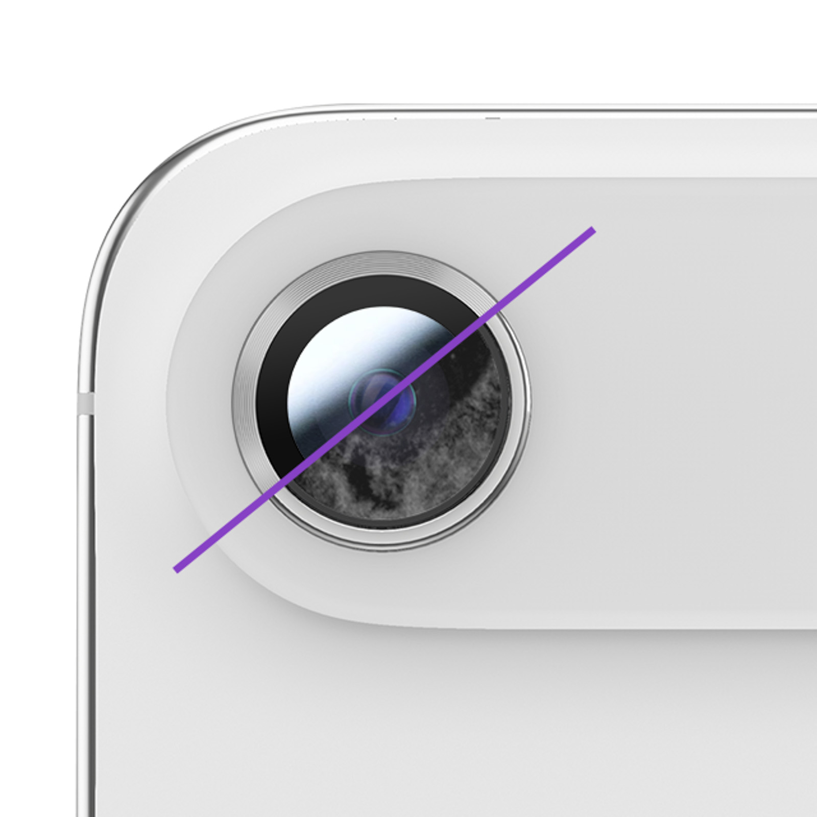 Primo piano di una fotocamera bianca del telefono. Una linea viola attraversa diagonalmente l'obiettivo.