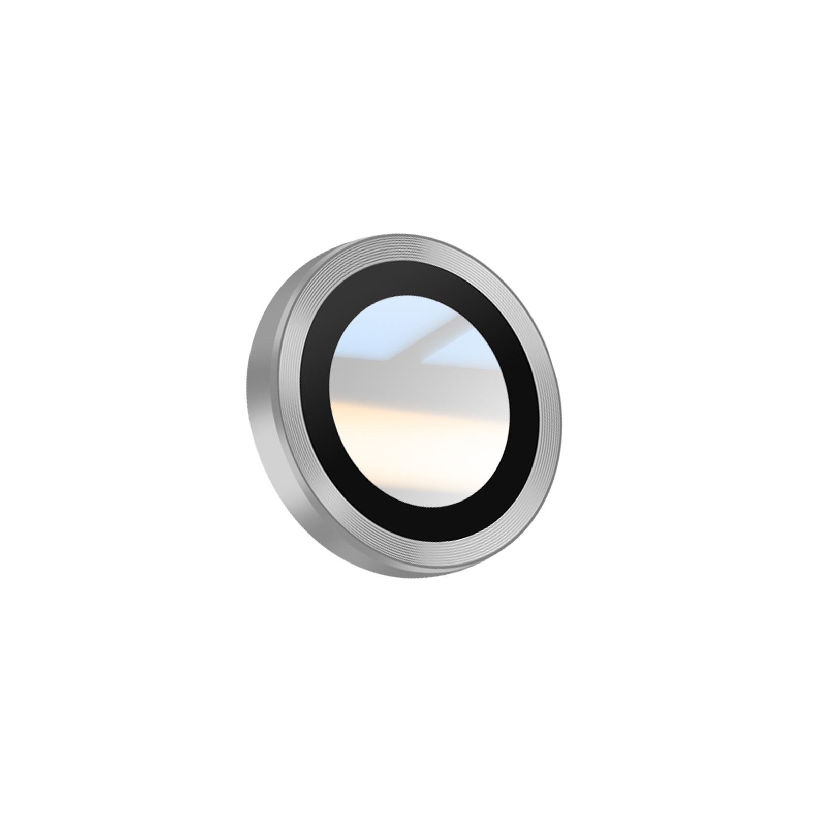 Un obiettivo metallico rotondo con un anello nero e un centro riflettente, su sfondo bianco.
