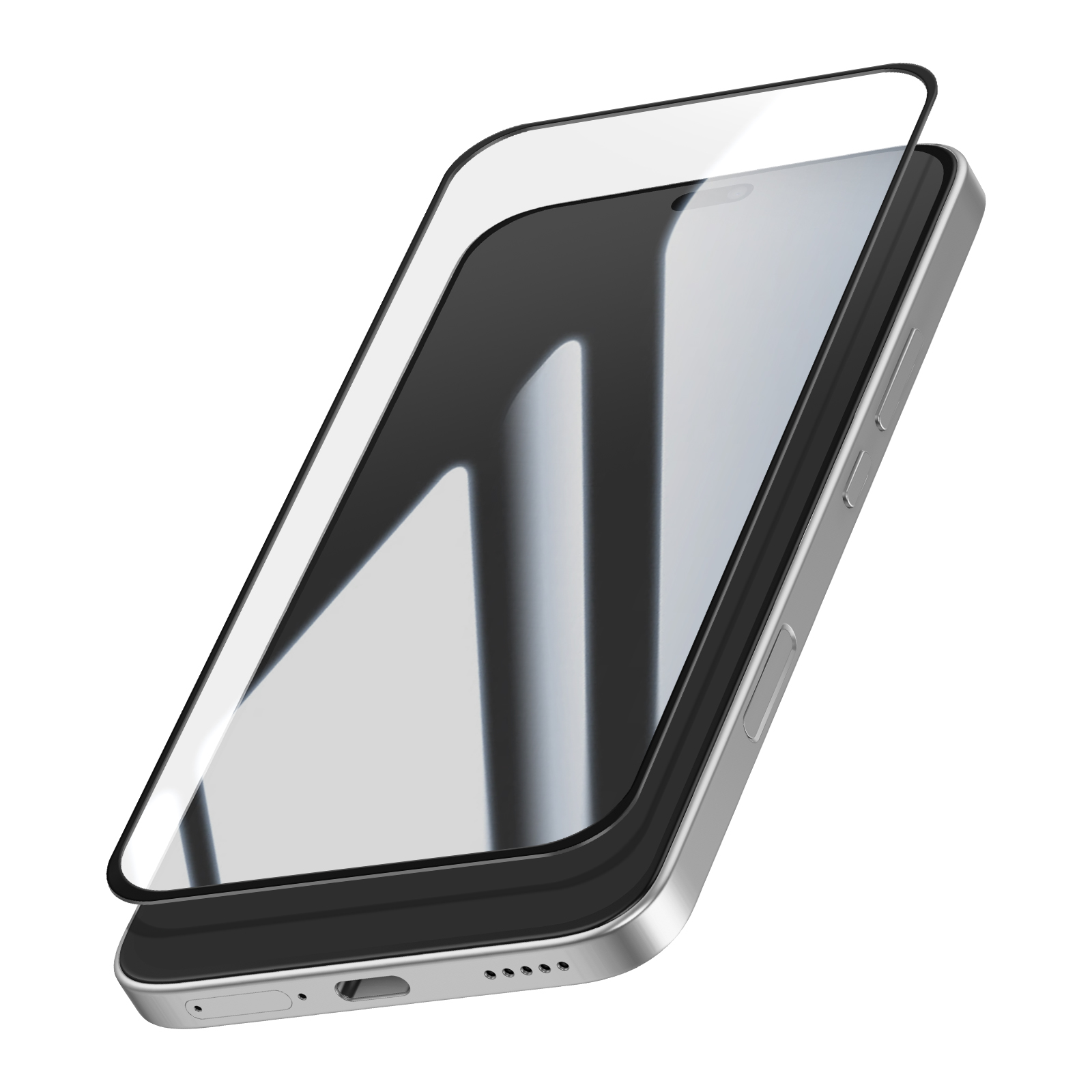 Un smartphone avec un protecteur d'écran. Le téléphone est argenté, l'écran noir. Le protecteur est transparent.
