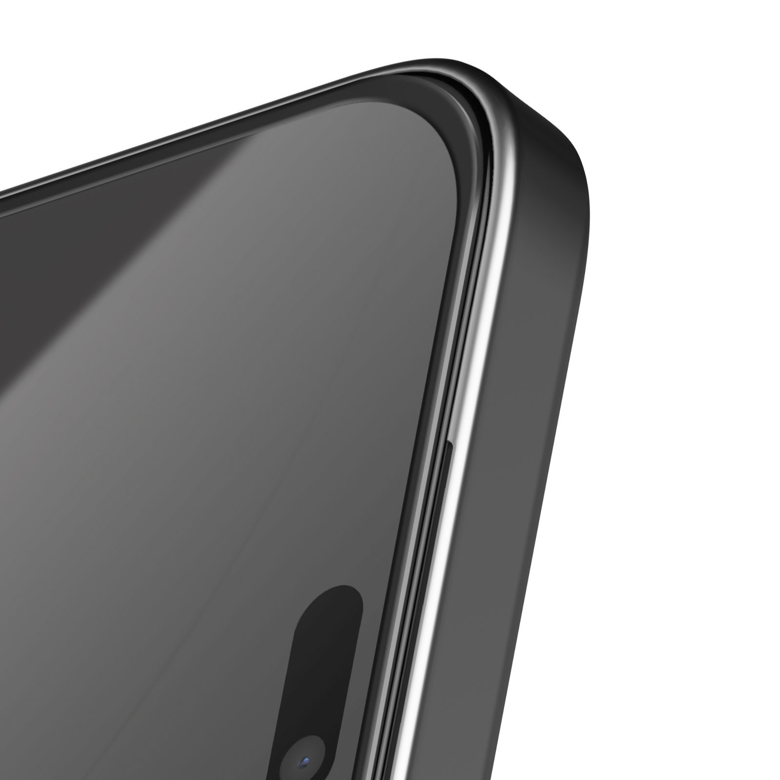 Gros plan sur le bord d'un smartphone. L'écran est gris foncé, avec une encoche noire. Le cadre est argenté et noir.
