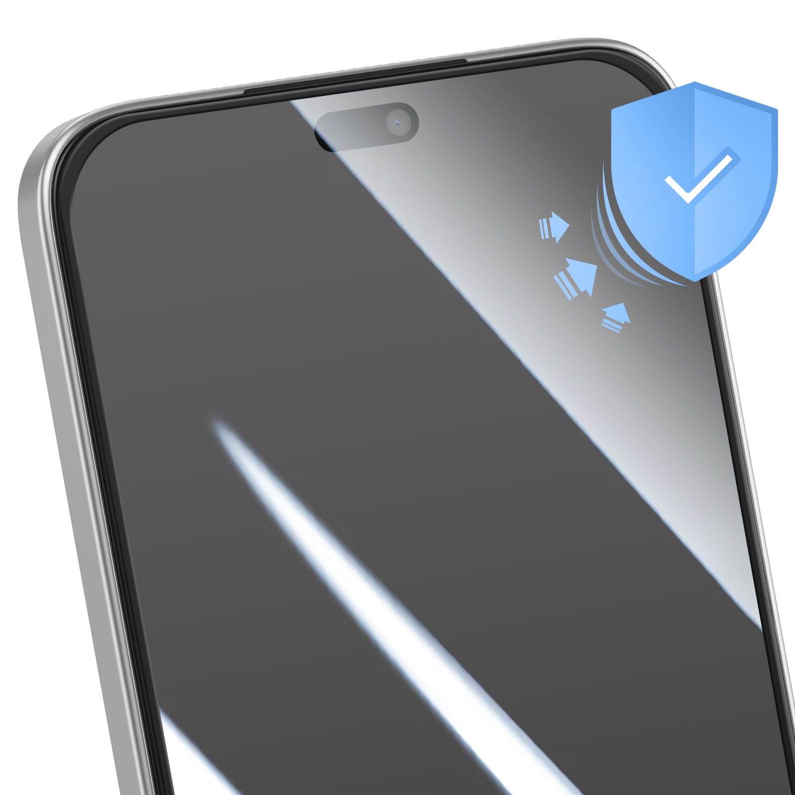 Un smartphone avec une icône de bouclier et une coche, des flèches, indiquant une protection. Le téléphone est argenté et noir.