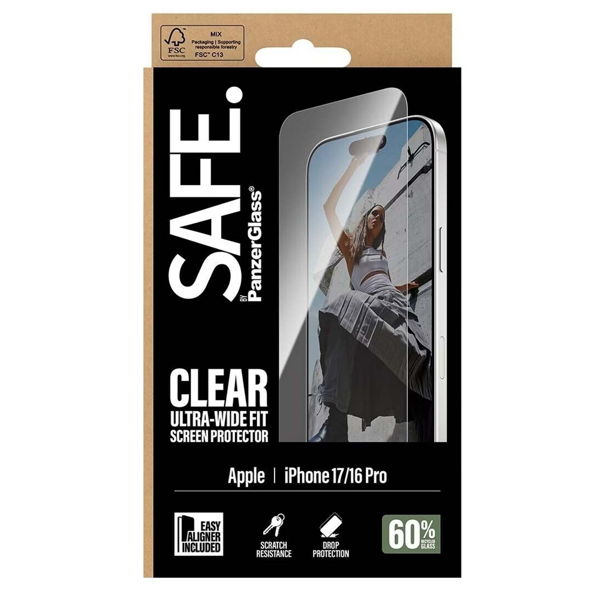 Una scatola di protezione per lo schermo del telefono. La scatola riporta il marchio SAFE e CLEAR. Mostra anche una donna con una gonna.