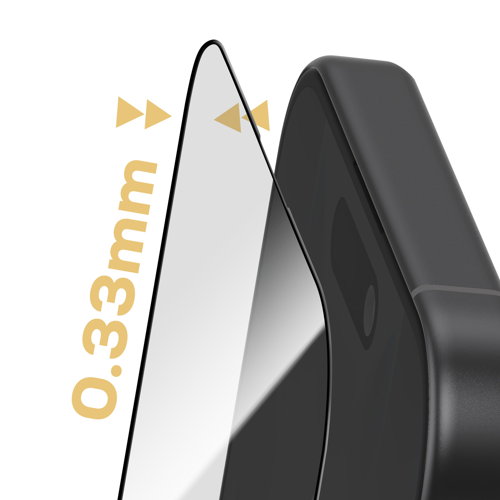 A phone screen protector being applied. It has a black border. The thickness is indicated with gold text: 0.33mm.