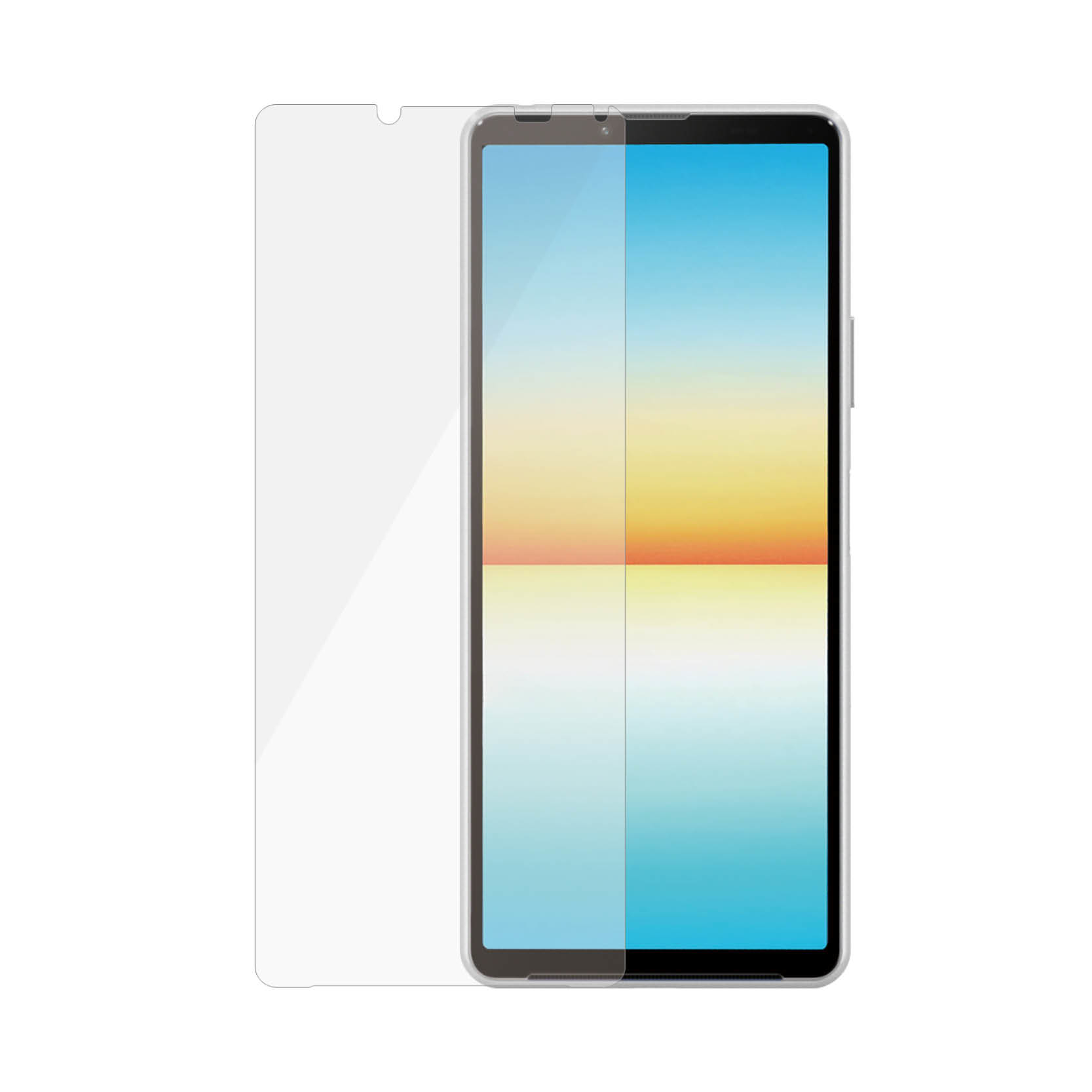 Uno smartphone con una protezione schermo applicata. Lo schermo mostra una sfumatura di blu, giallo e bianco.