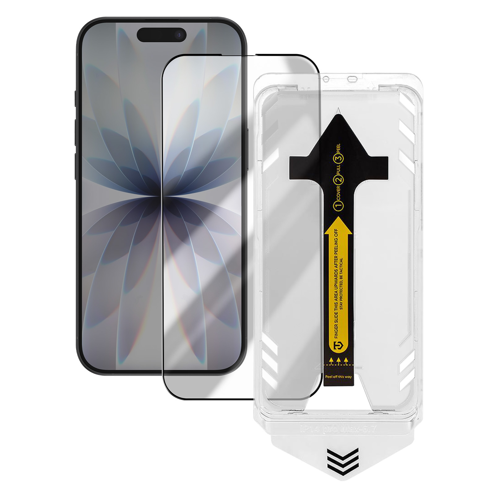 A phone and screen protector are shown. Instructions are on the protector case. The phone has a floral background.