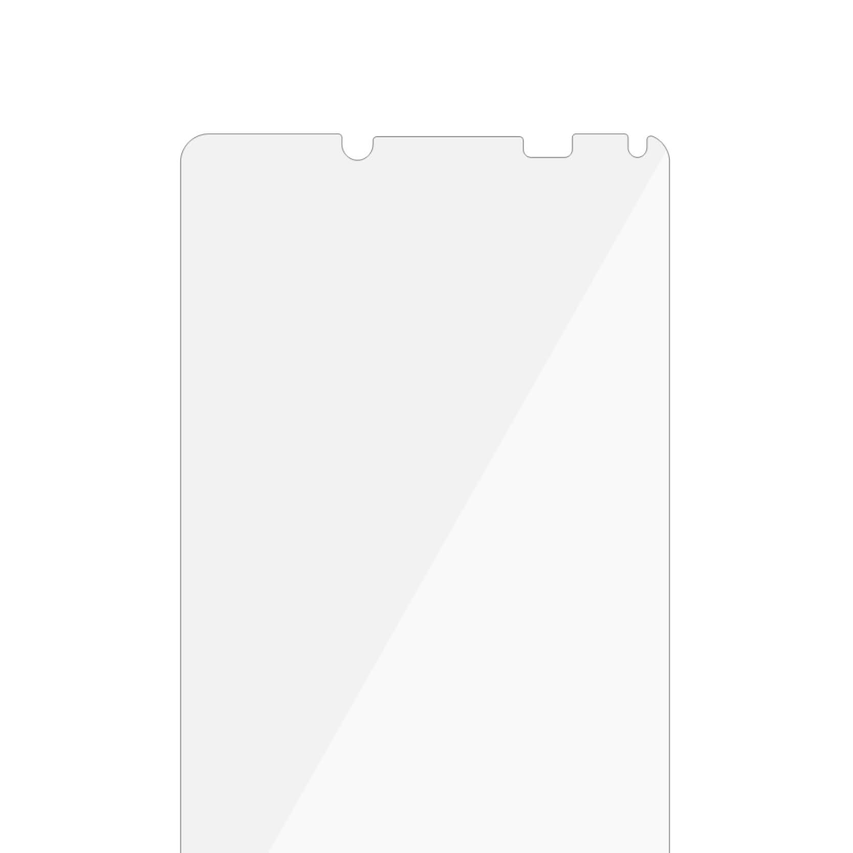 Una protezione schermo trasparente per telefono. Ha ritagli nella parte superiore per la fotocamera e l'altoparlante. I bordi sono arrotondati.
