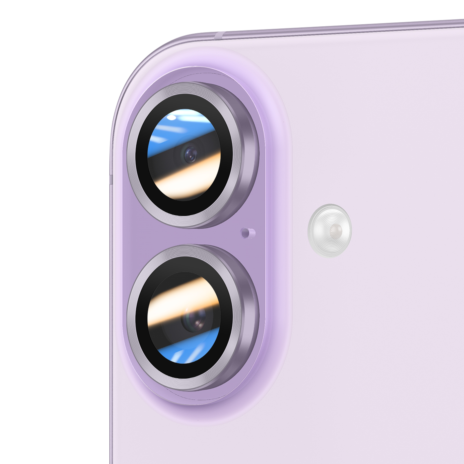 Close-up van een paarse smartphone cameramodule. Twee lenzen, een flitser en een lichtpaarse achtergrond.