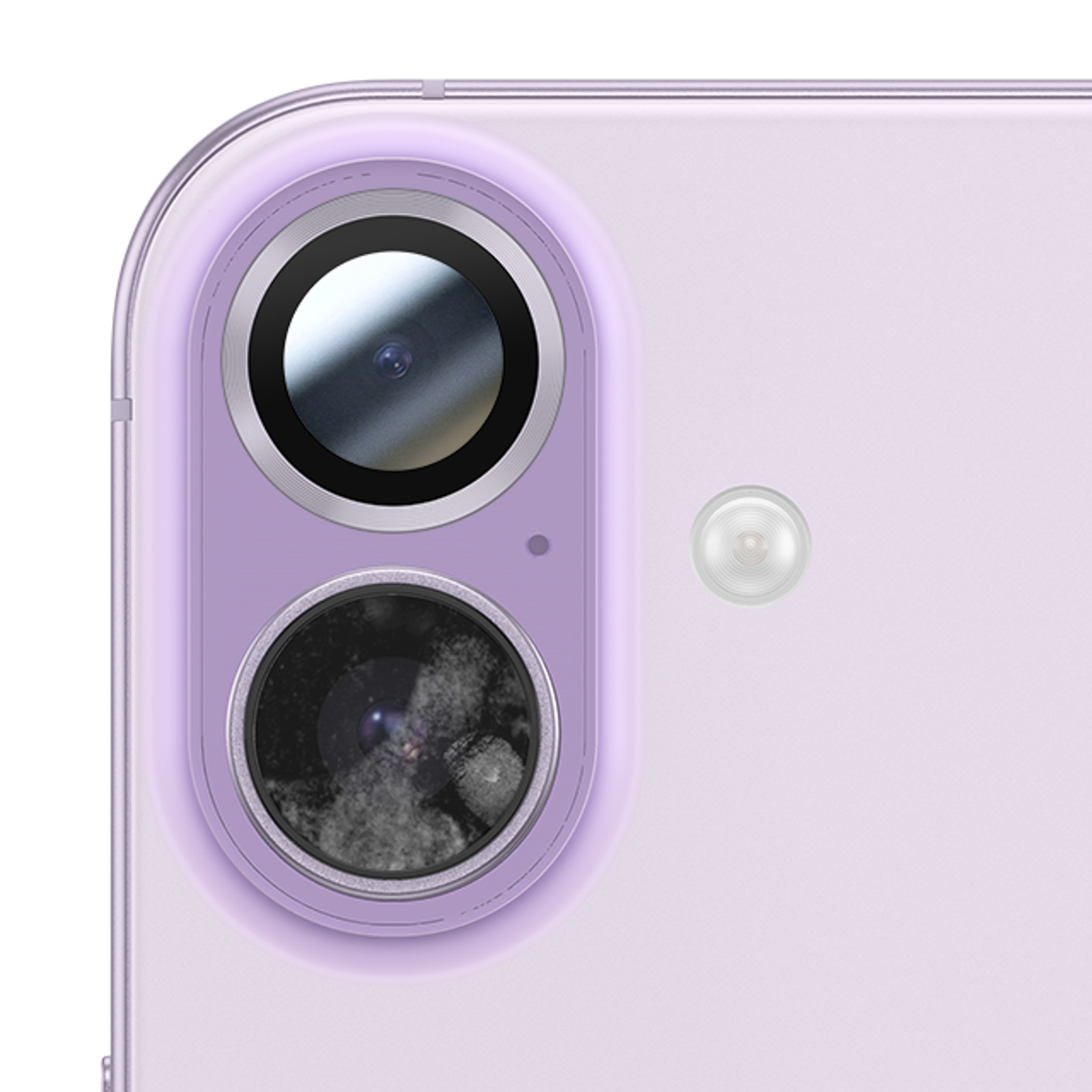 Close-up van een telefoon cameramodule. Het heeft twee lenzen en een flitser op een lila achtergrond.