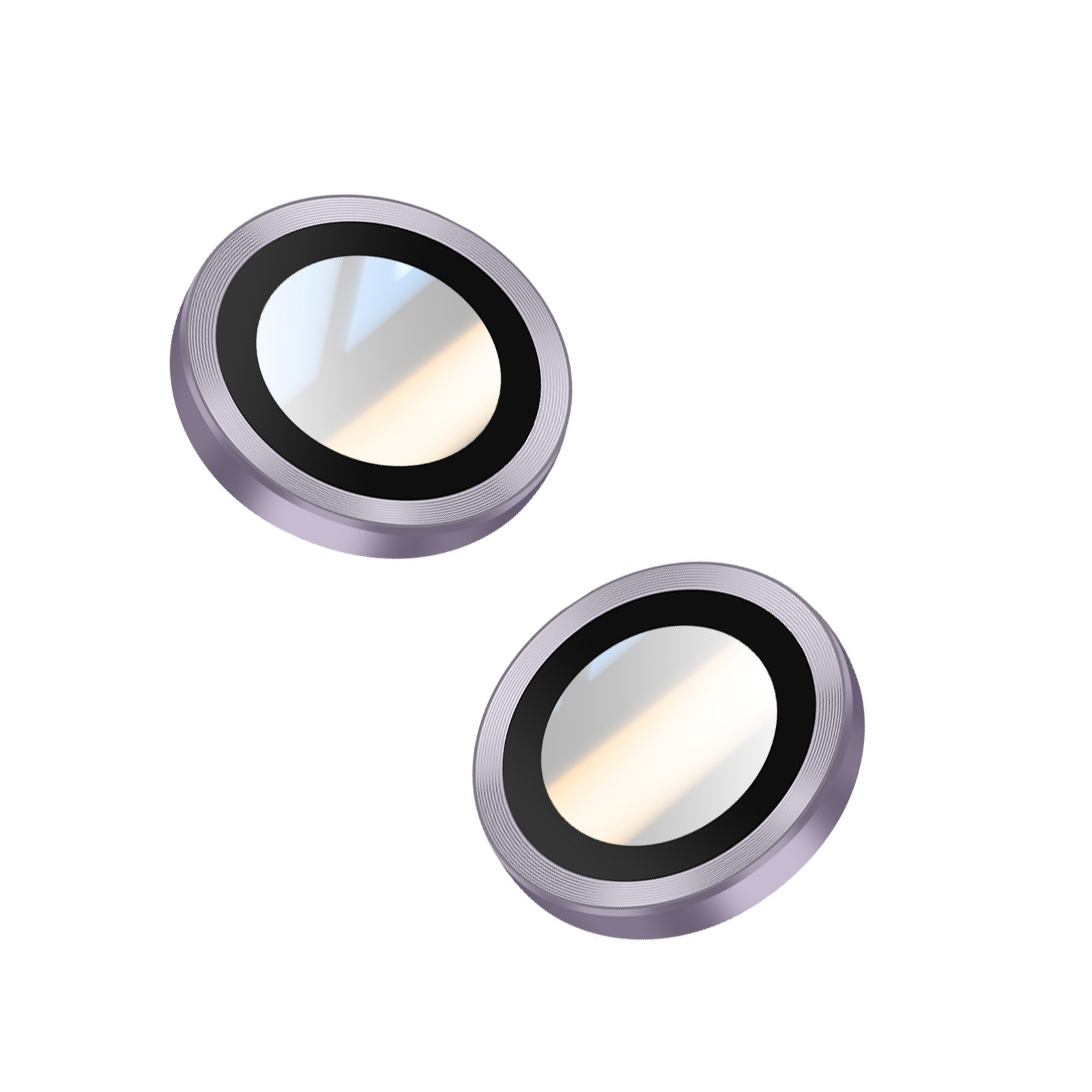 Twee metalen, cirkelvormige cameralenzen met zwarte en zilveren details, tegen een witte achtergrond.