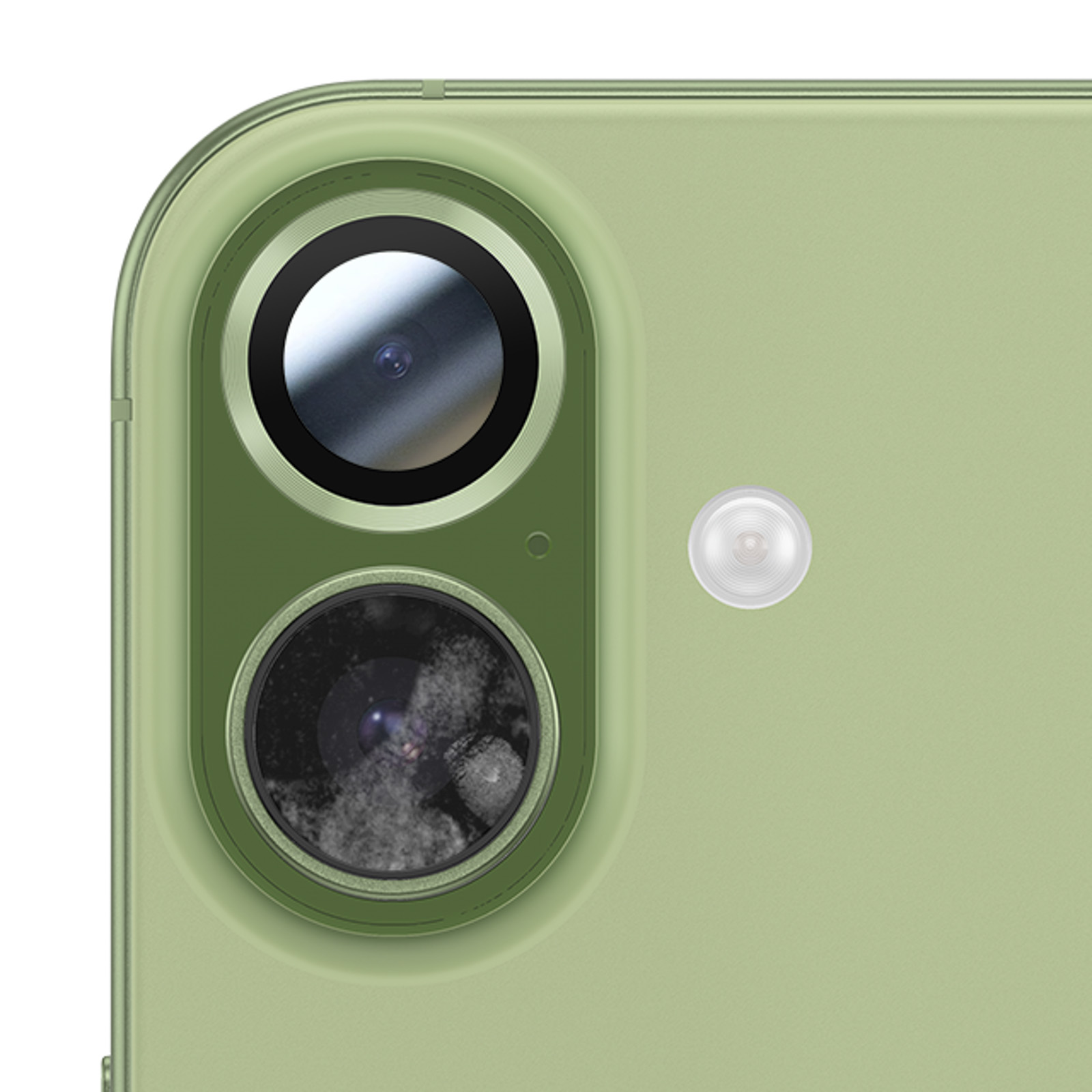 Close-up van de groene cameramodule van een telefoon, met twee lenzen en een flitser op een lichtgroen oppervlak.