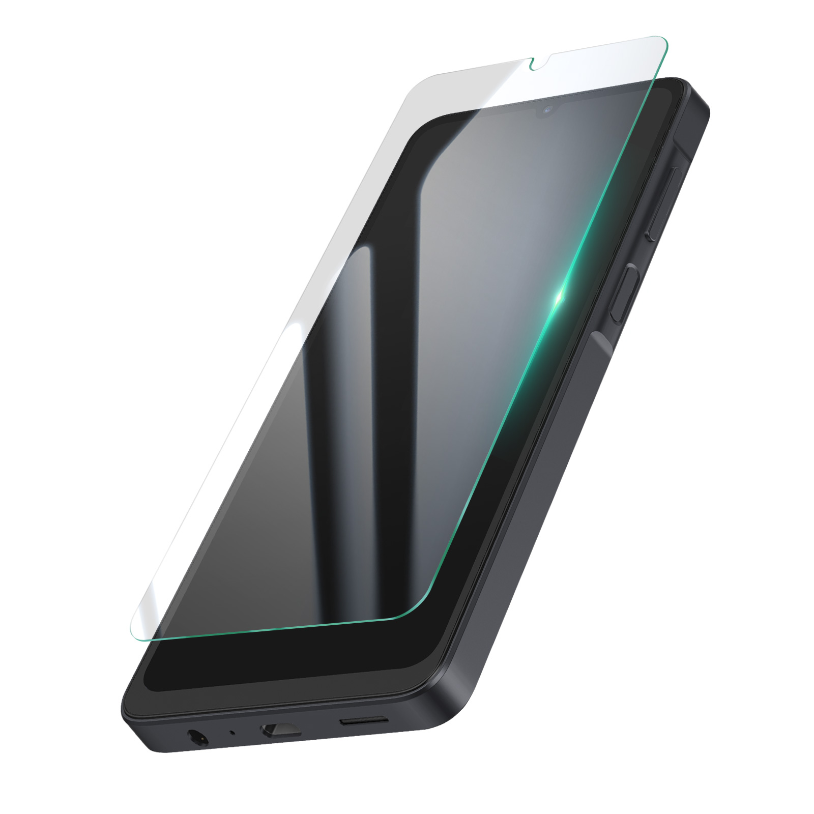 Een smartphone met een schermbeschermer. De telefoon is zwart, de beschermer transparant. Schuine weergave op witte achtergrond.