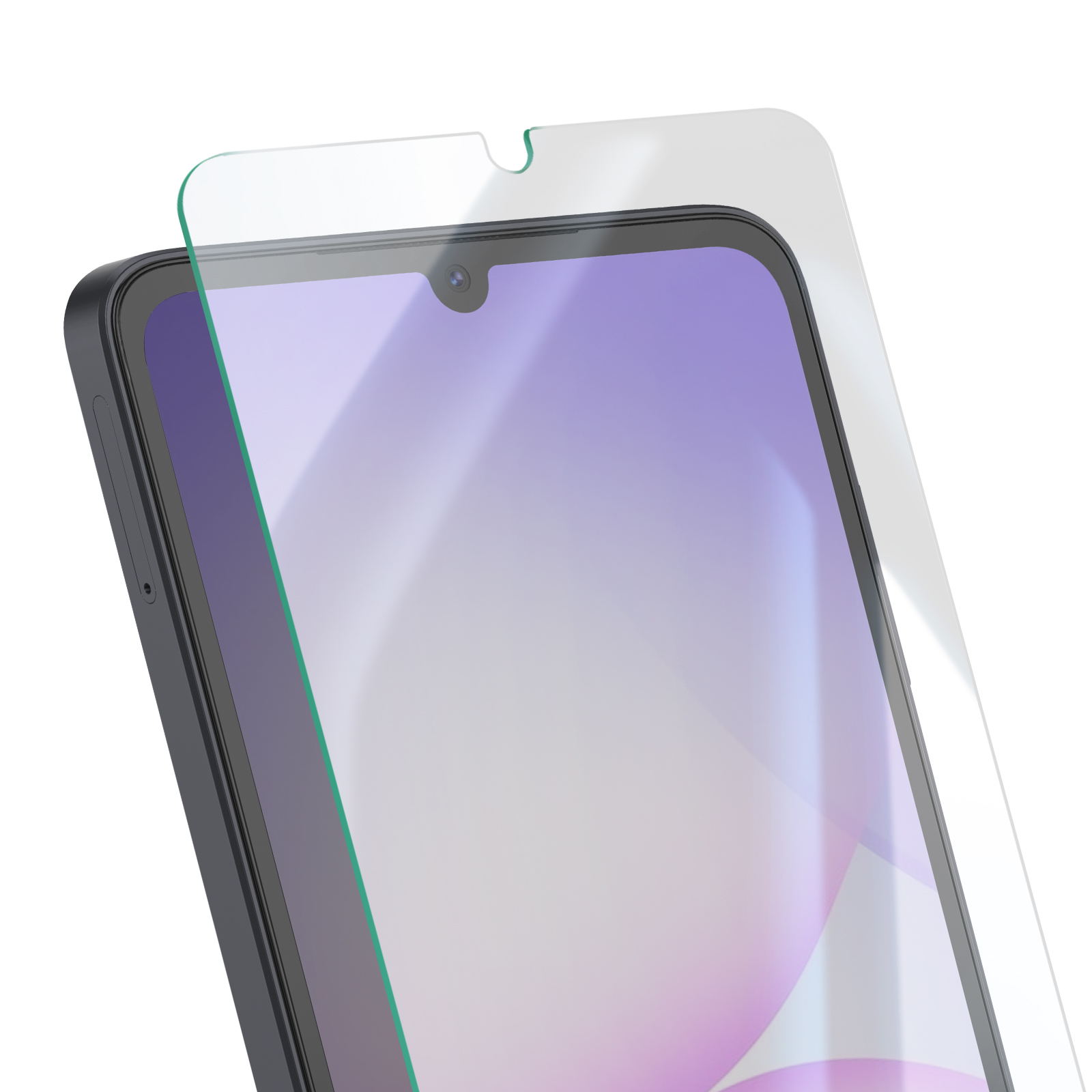 Een smartphone met een schermbeschermer. Het scherm toont een lichtpaarse gradiënt. Een camera aan de voorkant is zichtbaar.