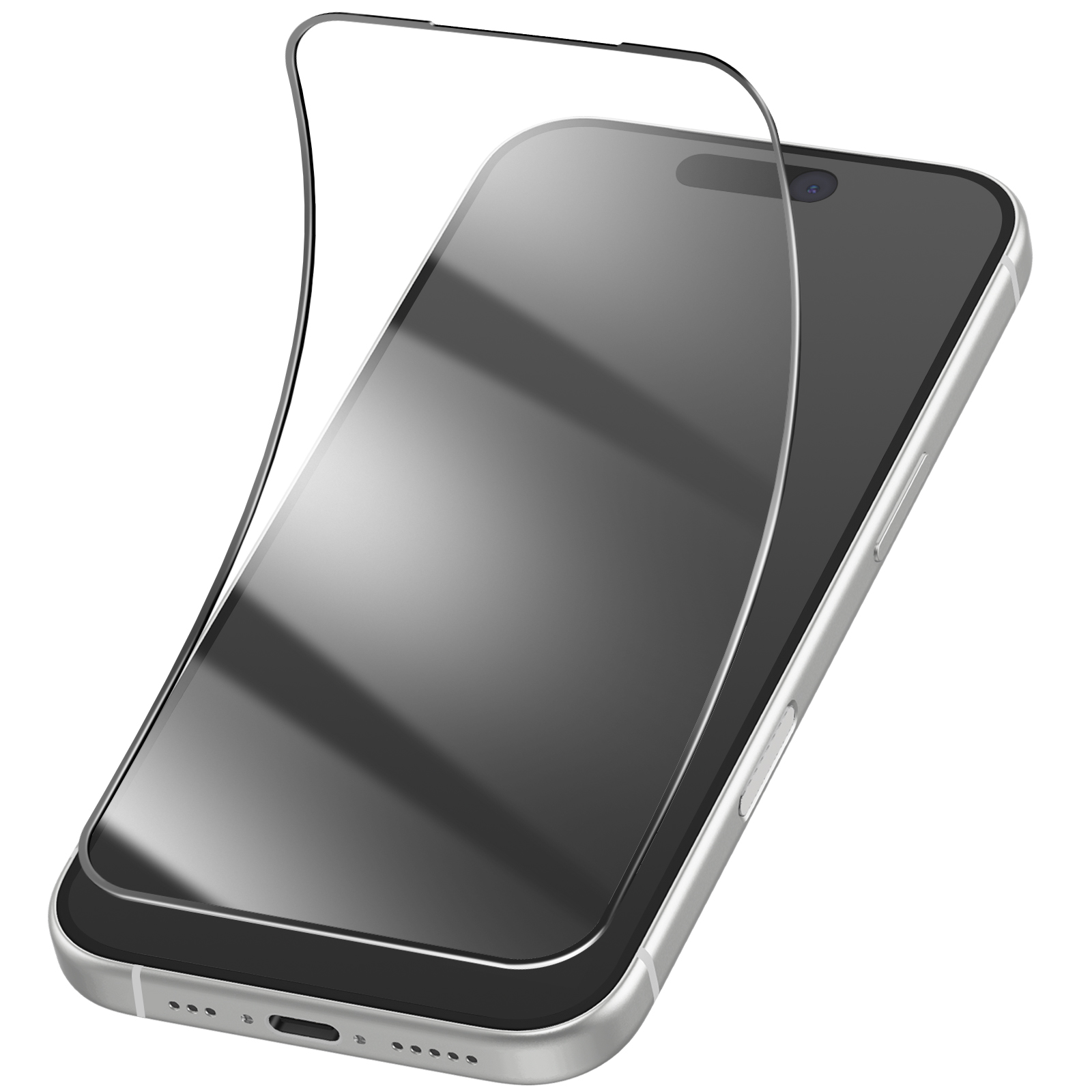 Uno smartphone con una protezione schermo in applicazione. Il telefono è argentato e la protezione è trasparente.