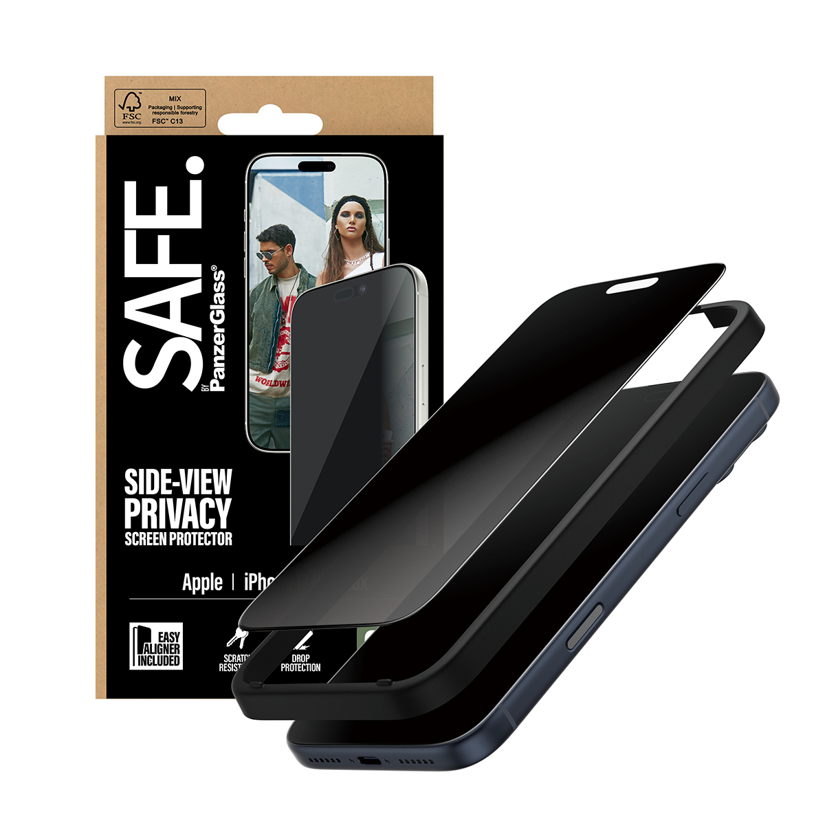 Un téléphone et un protecteur d'écran sont affichés. La boîte du protecteur montre deux personnes. Le texte comprend 'SAFE', 'PRIVACY' et 'DROP PROTECTION'.