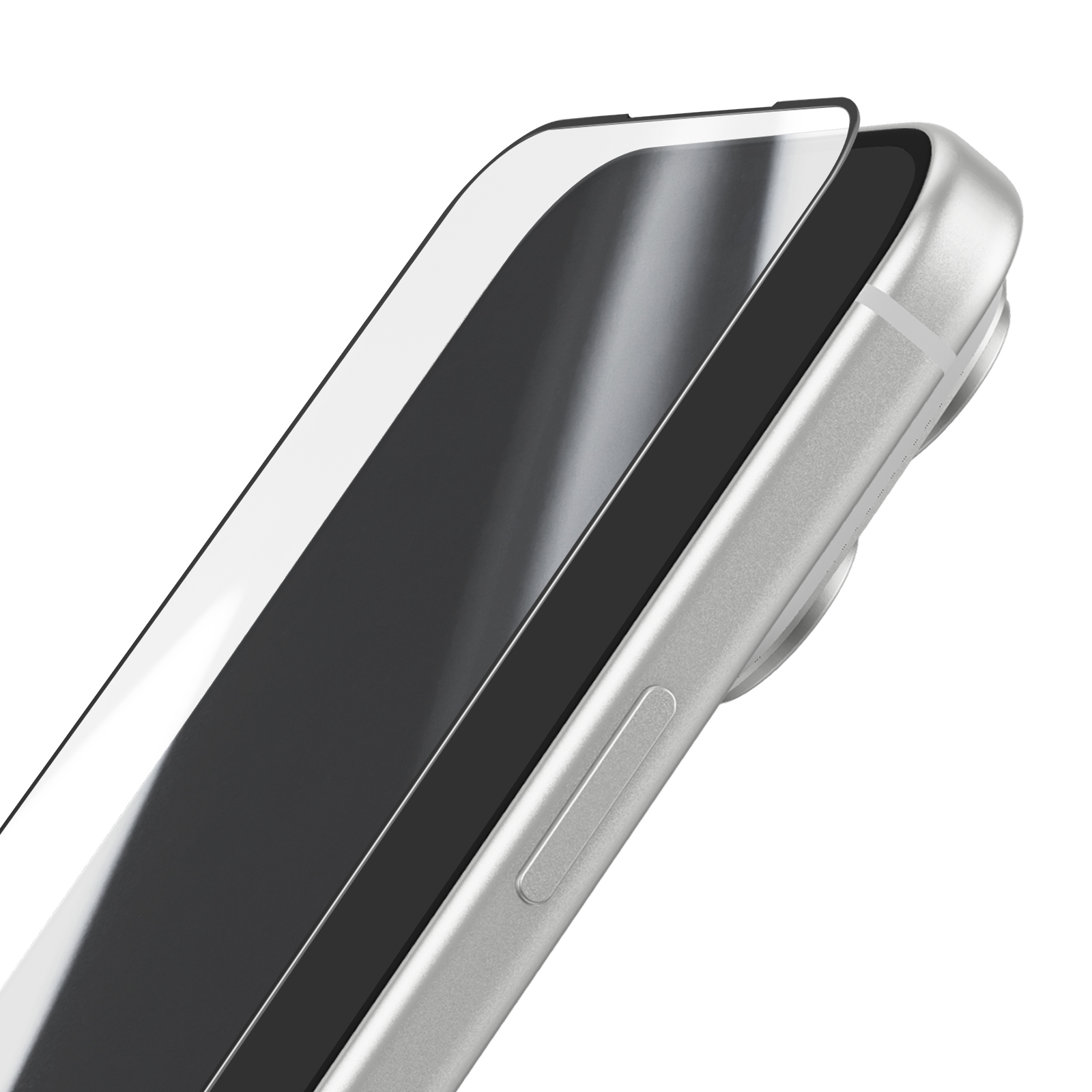Primo piano di uno smartphone argentato con protezione schermo. Lo schermo è nero, lo sfondo è bianco.