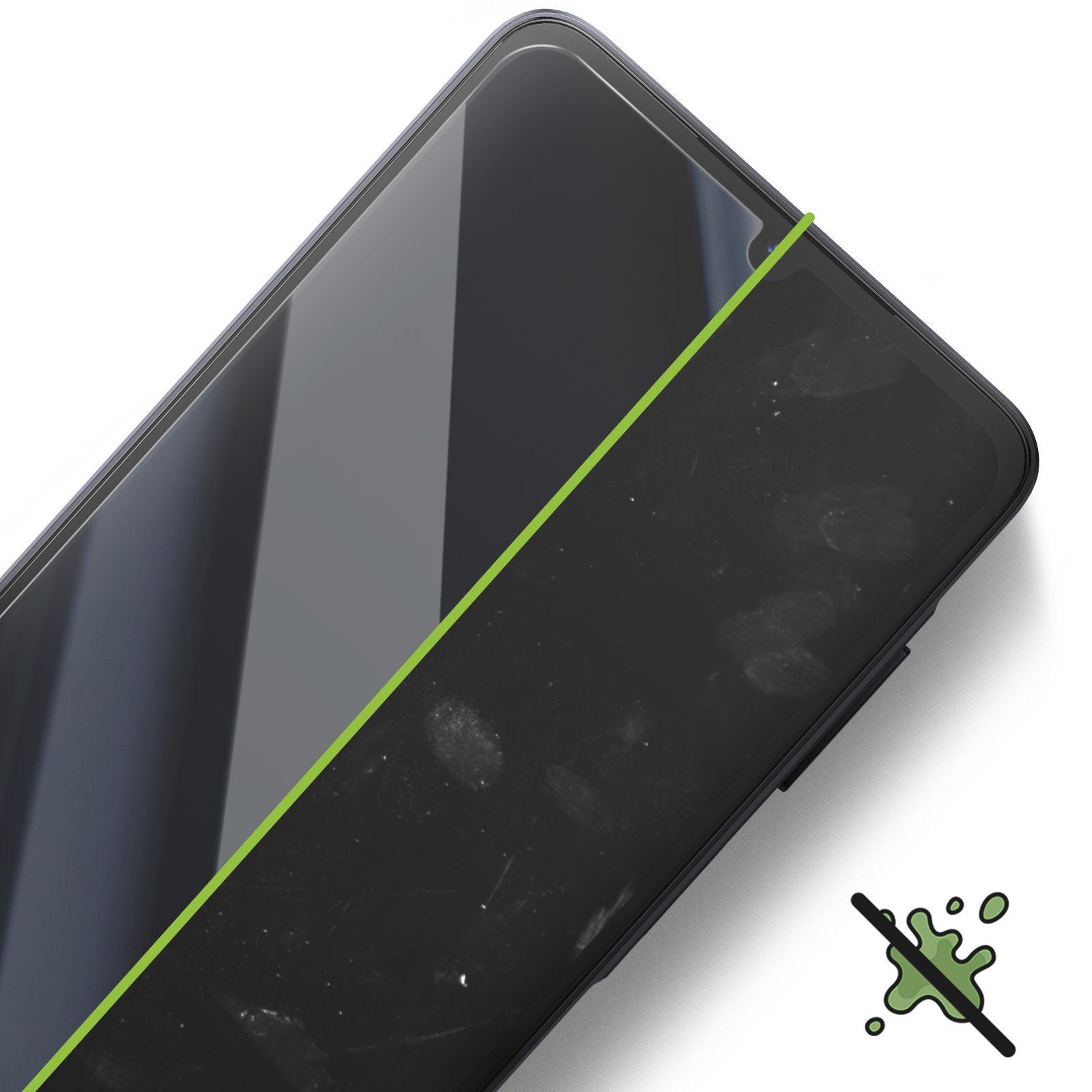 Smartphone scherm met schone en vuile gebieden, verdeeld door een groene lijn. Een geen vlekken symbool staat rechtsonder.