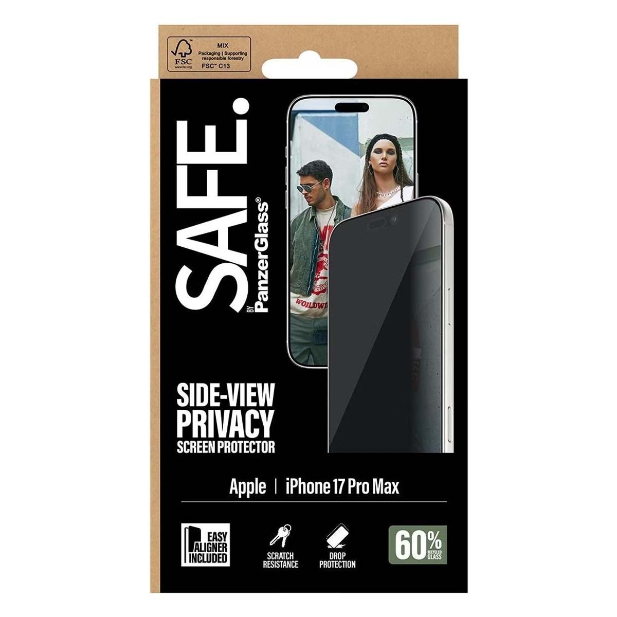 Une boîte de protection d'écran. Il est écrit SAFE, SIDE-VIEW PRIVACY SCREEN PROTECTOR. Elle montre aussi une photo d'un couple.