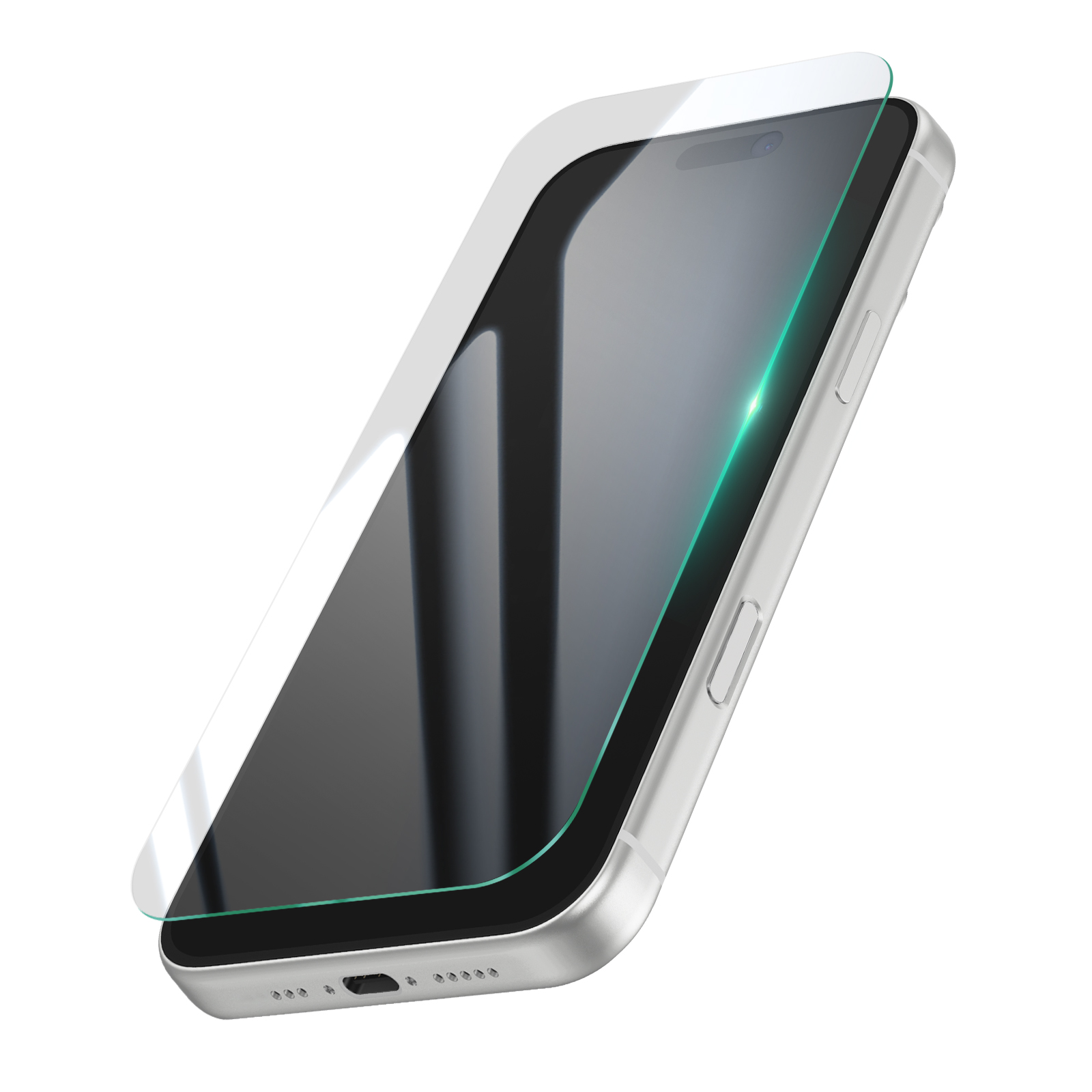 Uno smartphone argentato con una protezione per lo schermo applicata. Lo schermo è scuro, la protezione è trasparente e lo sfondo è bianco.