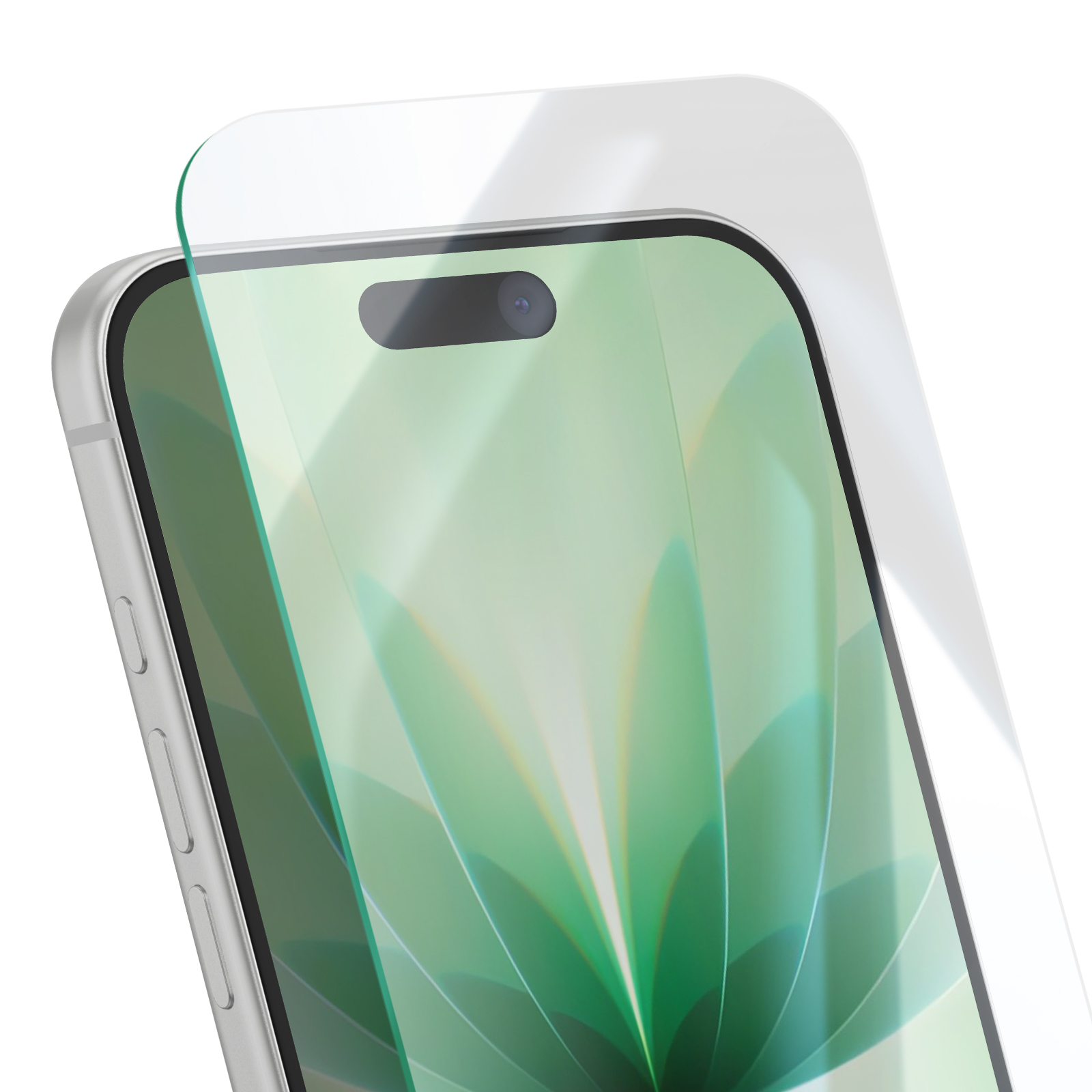 Uno smartphone con una protezione per lo schermo. Il telefono è argento con una protezione per lo schermo in vetro applicata. Lo sfondo è bianco.