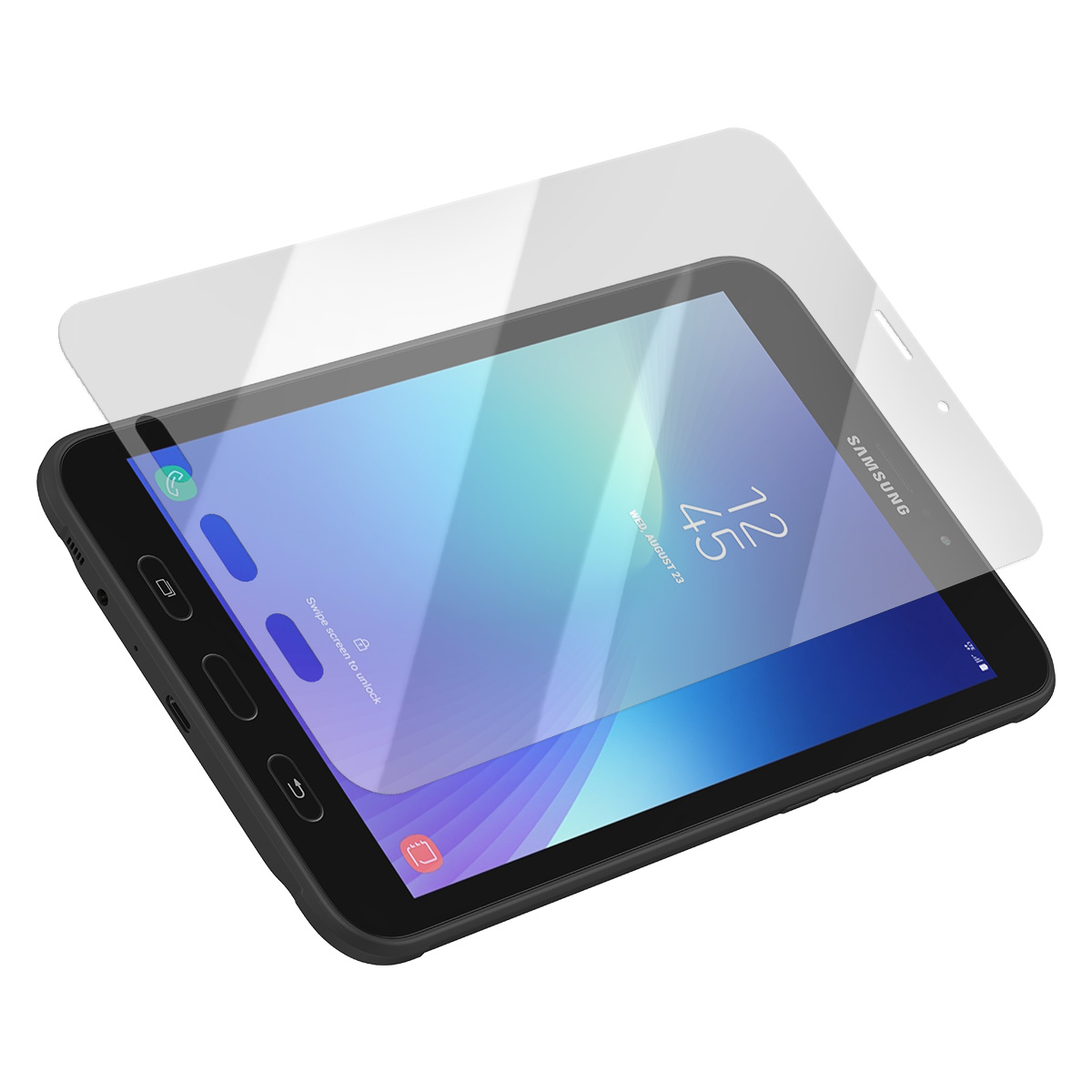 Une tablette Samsung avec un protecteur d'écran. L'heure affichée est 12:45. L'écran affiche un fond bleu et blanc.