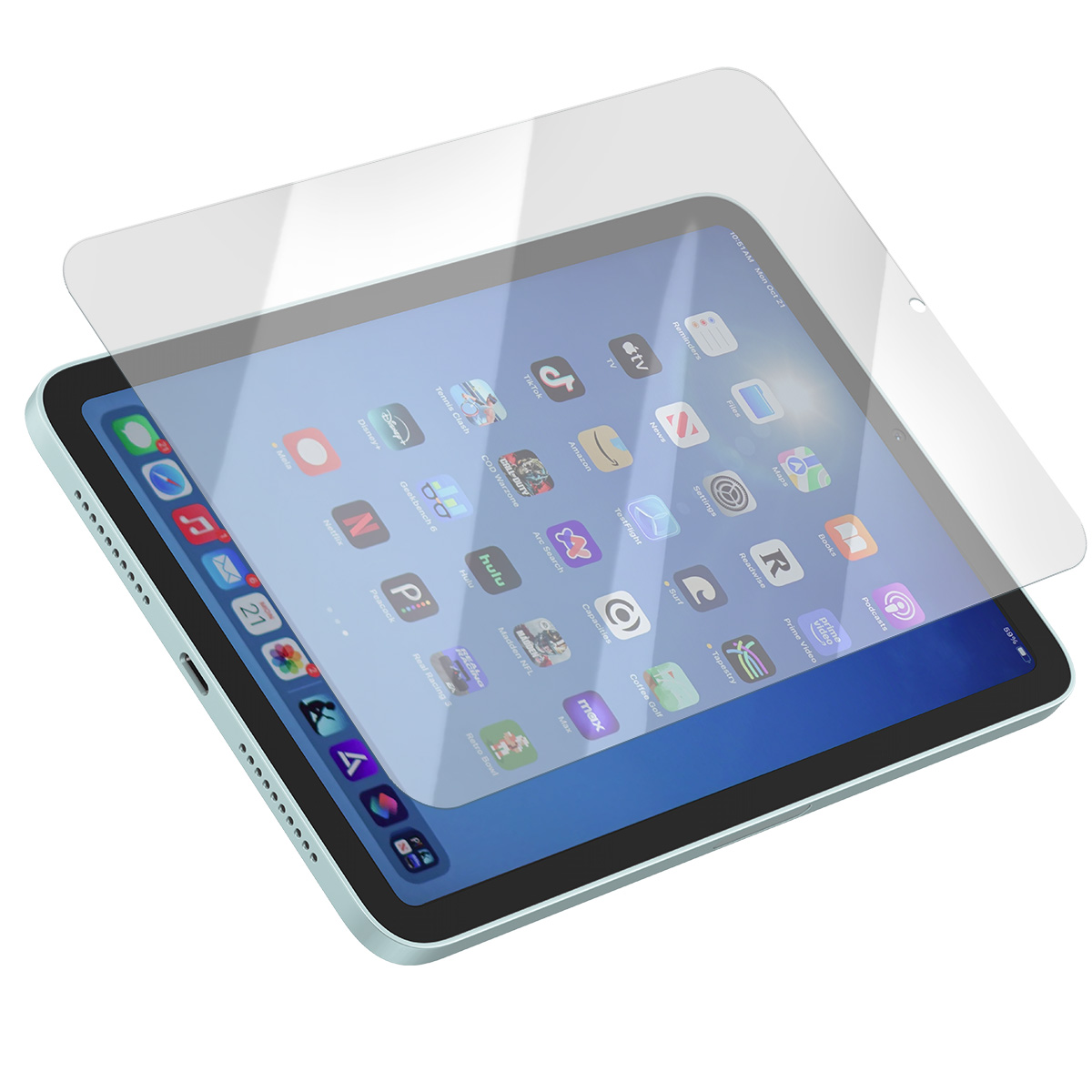 Un iPad con protezione schermo. Lo schermo mostra icone di app. Il dispositivo è azzurro. La protezione è trasparente.