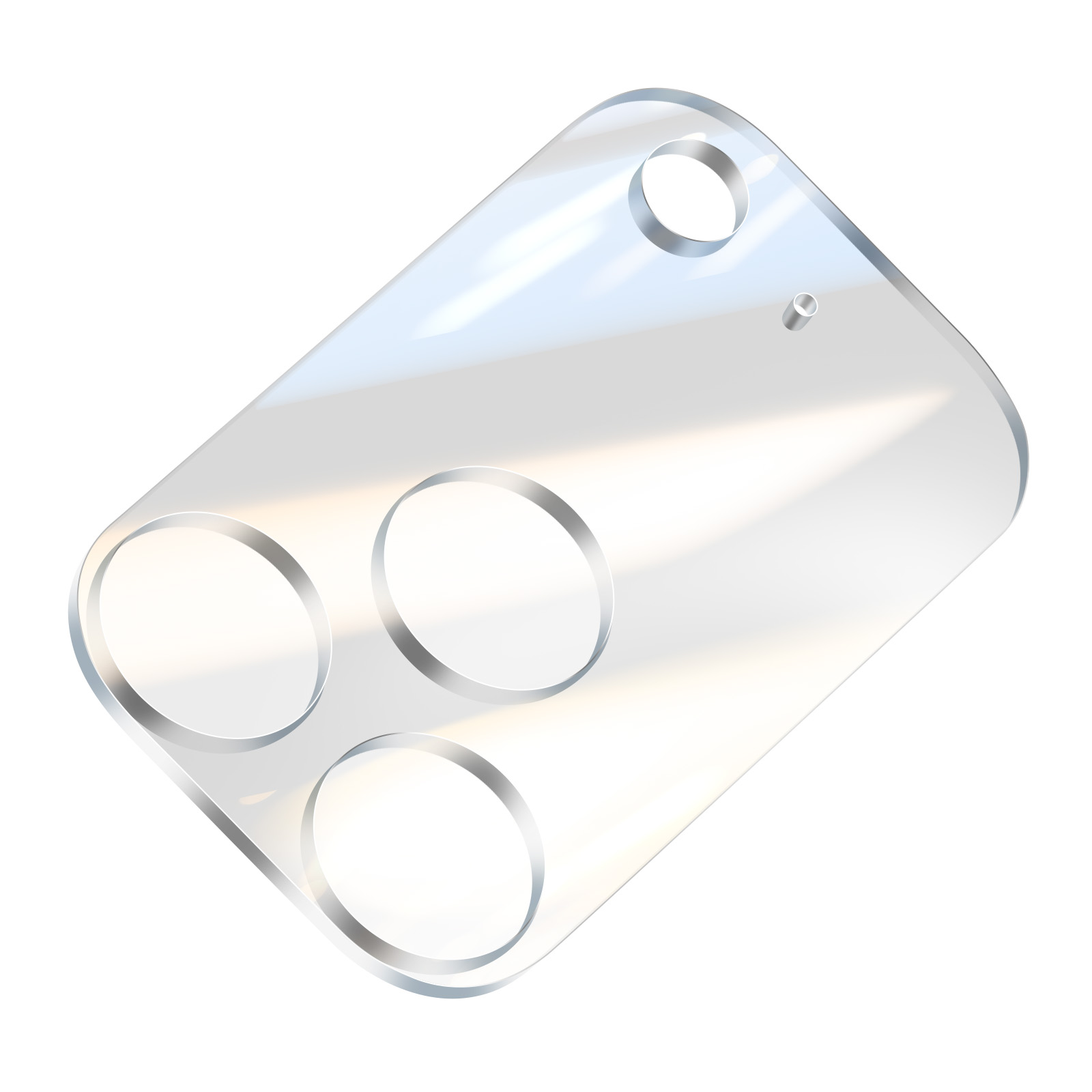 Een helder, rechthoekig object met afgeronde hoeken. Het heeft vier cirkelvormige gaten en een kleine cilinder. Witte achtergrond.