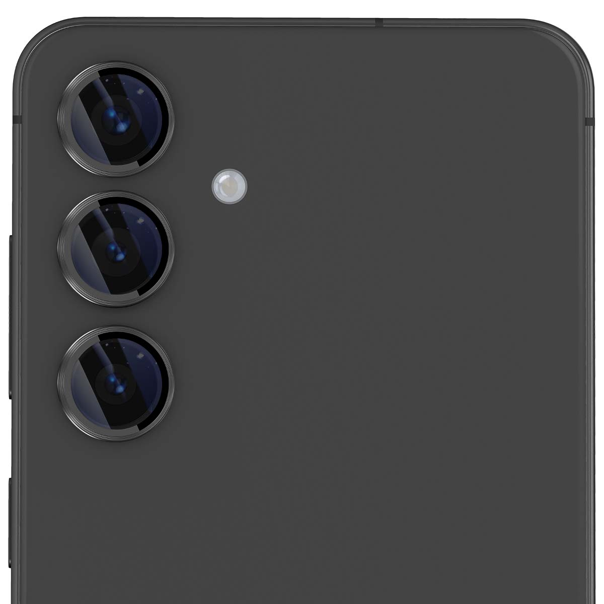 Close-up van de achterkant van een zwarte smartphone. Het heeft drie cameralenzen en een flitser. Het oppervlak is mat.