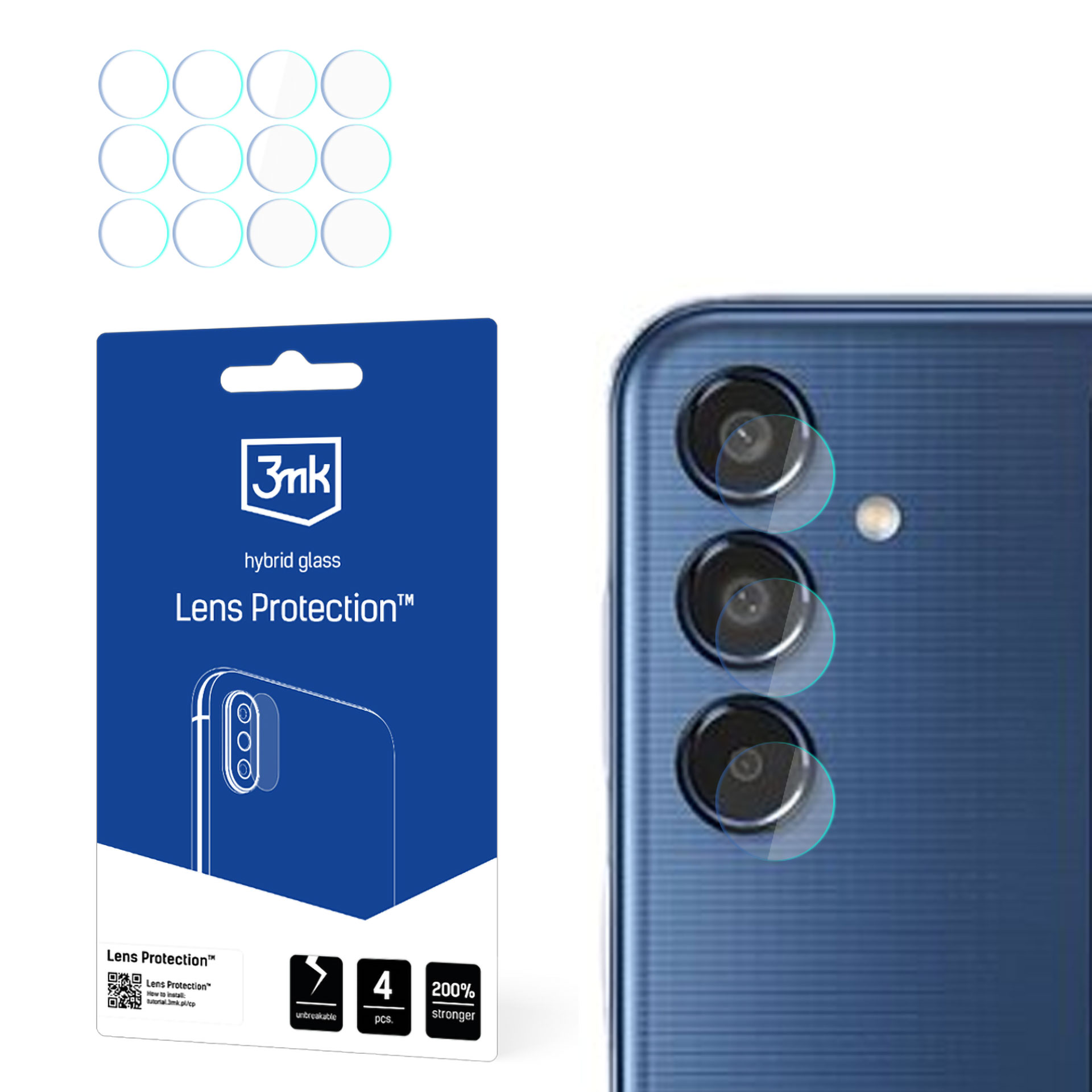 Sono visibili un retro del telefono con protezioni per lenti e una confezione di protezione per lenti. La confezione è blu e bianca.