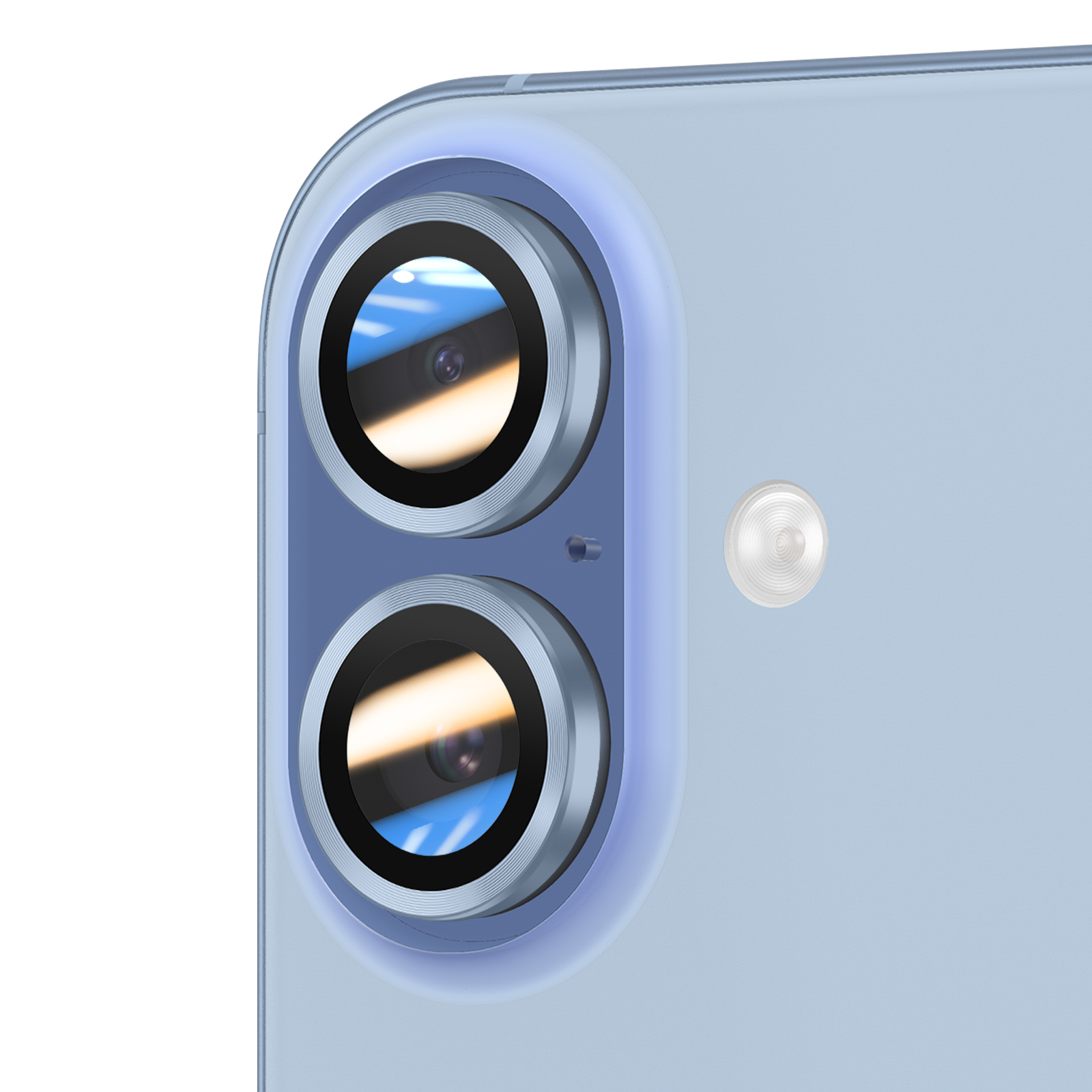 Close-up van de camera van een blauwe telefoon. Twee lenzen, een flitser en de achterkant van de telefoon zijn zichtbaar.