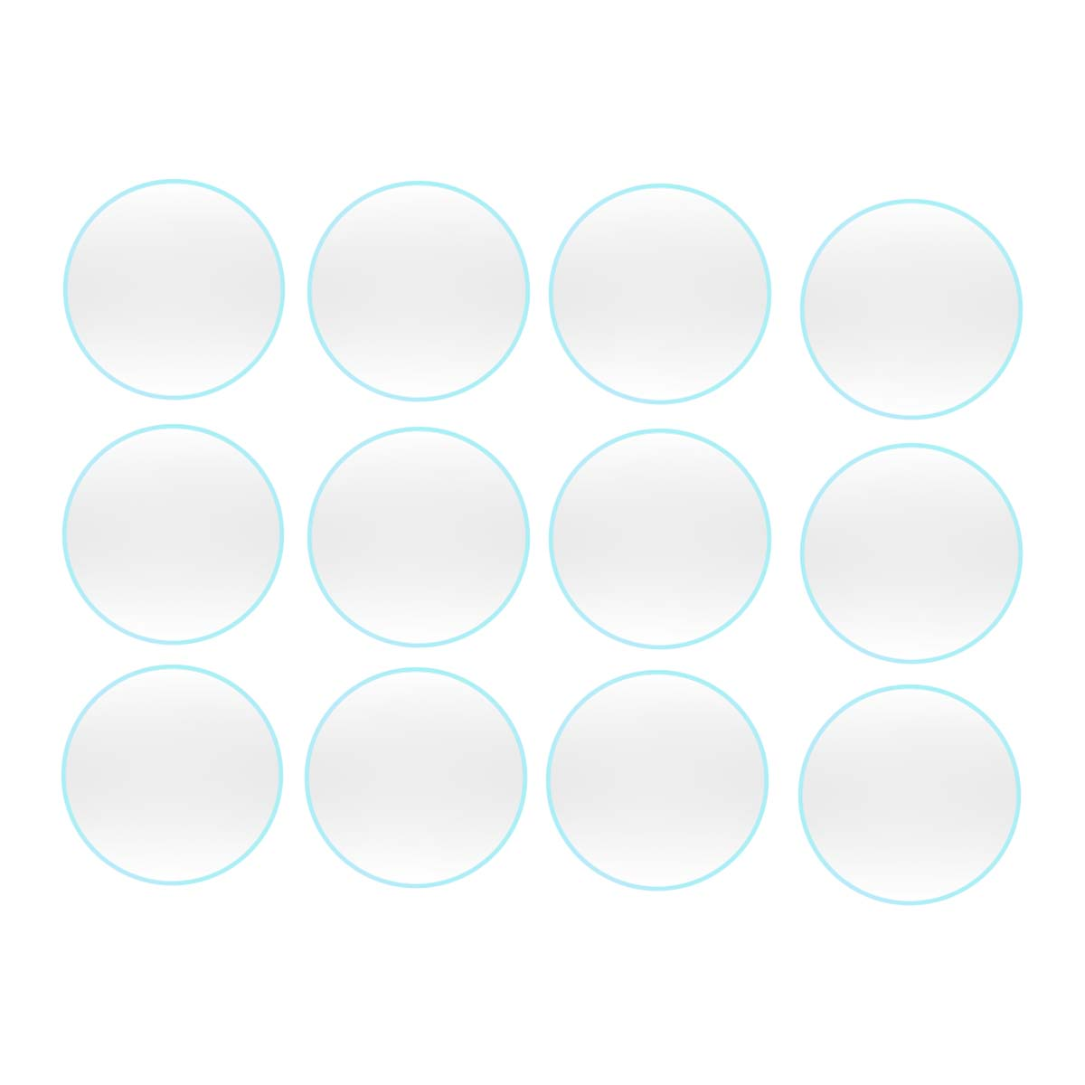 Twaalf witte cirkels met lichtblauwe contouren zijn in een raster op een witte achtergrond gerangschikt. Elke cirkel is identiek.