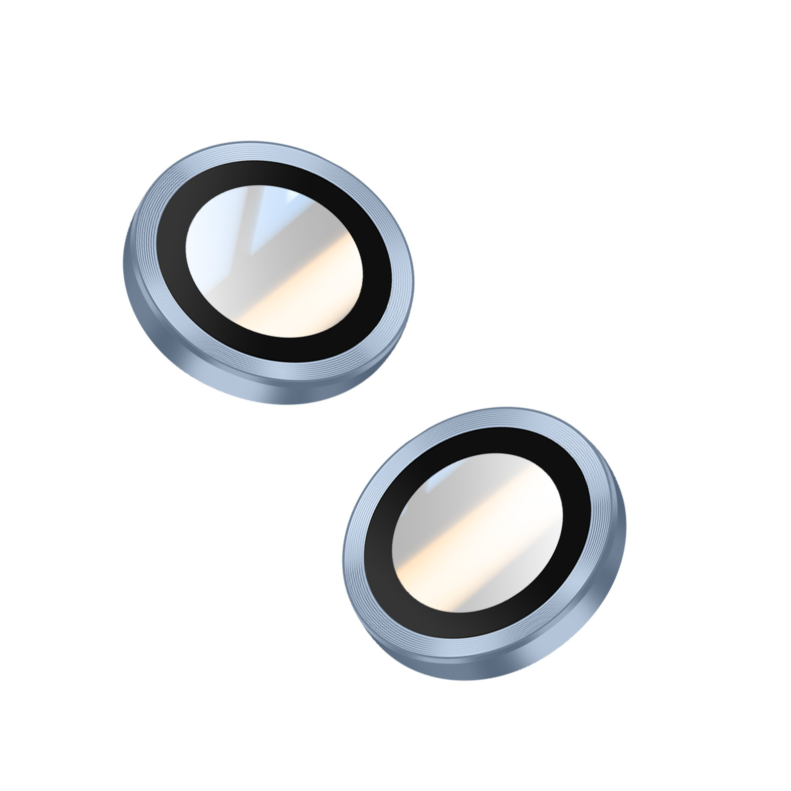 Twee metalen, lichtblauwe cirkelvormige objecten met zwarte binnenringen. Ze hebben reflecterend glas en staan op een witte achtergrond.