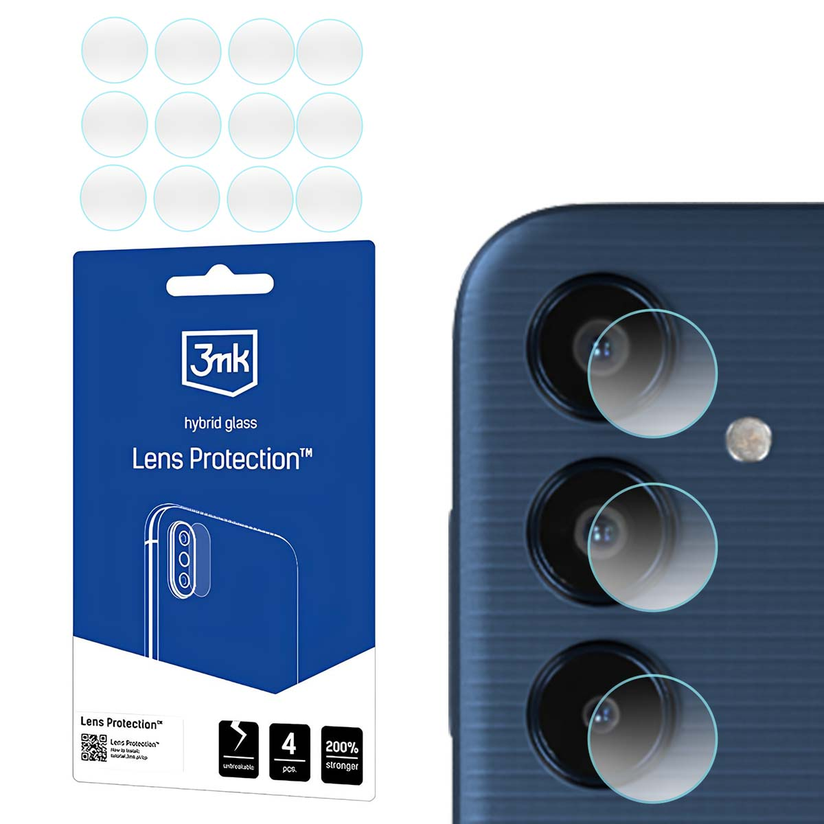 L'immagine mostra protezioni per lenti, una fotocamera del telefono e una confezione del prodotto. La confezione ha il testo 'Lens Protection' e il marchio '3mk'.